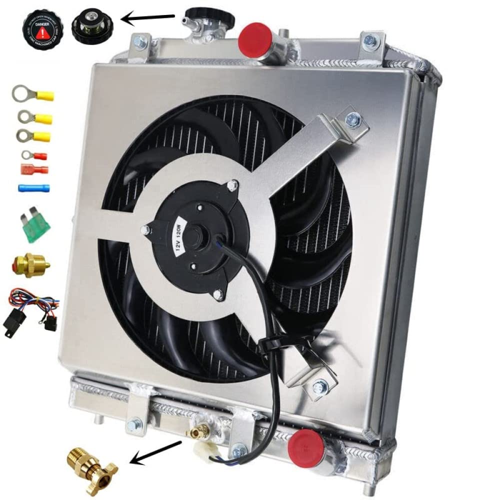 AlloyWorks 4-Row High Performance Aluminum Radiator with Fan Shroud & Relay Kit - Compatible with Honda Civic CRX EG EK/Del Sol/Integra B16 B18 D15 D16 (1992-2000) - Perfect for Engine Cooling & Performance Upgrades
