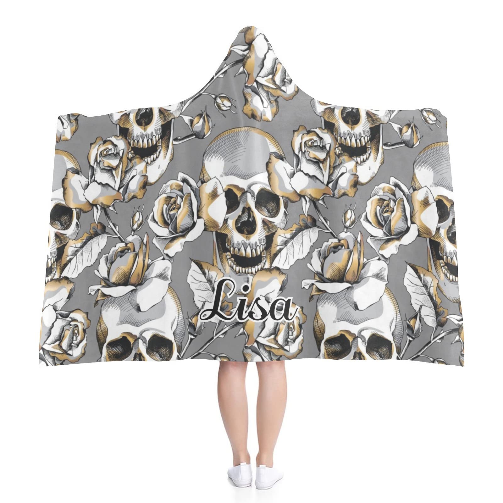 Personalized Hoodie Blanket with Funny Skull Roses - Custom Name Wearable Throw Blanket for Adults & Kids - Cozy Cape Wrap Blanket for Sofa, Bedroom Decor - Perfect Gift for Christmas & Birthday Parties