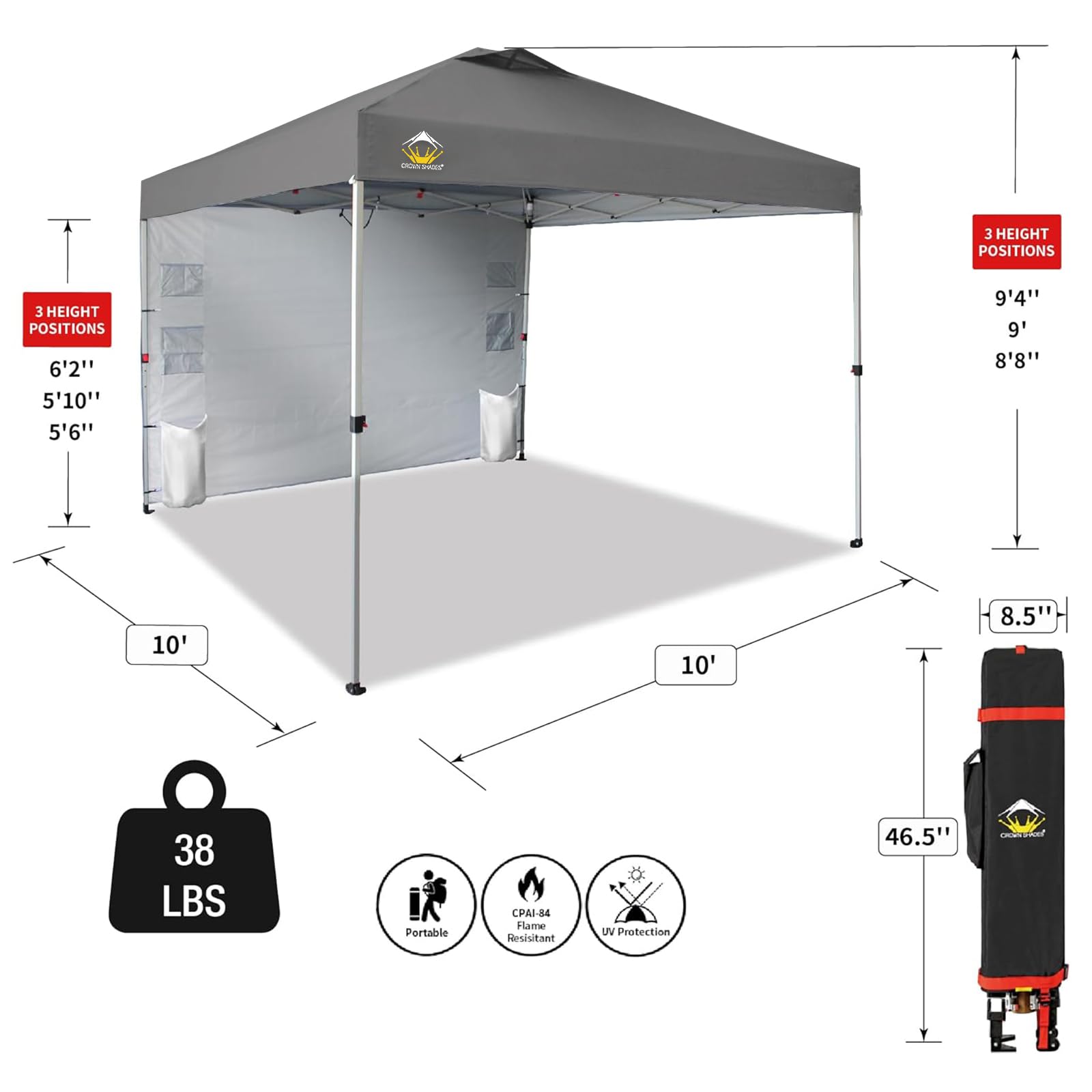 10x10 Pop Up Canopy Tent with Sidewalls & Pockets - Portable Instant Sun Shelter for Camping, Beach, Backyard & Outdoor Events - Easy One-Person Setup with Center Lock System - Grid Grey