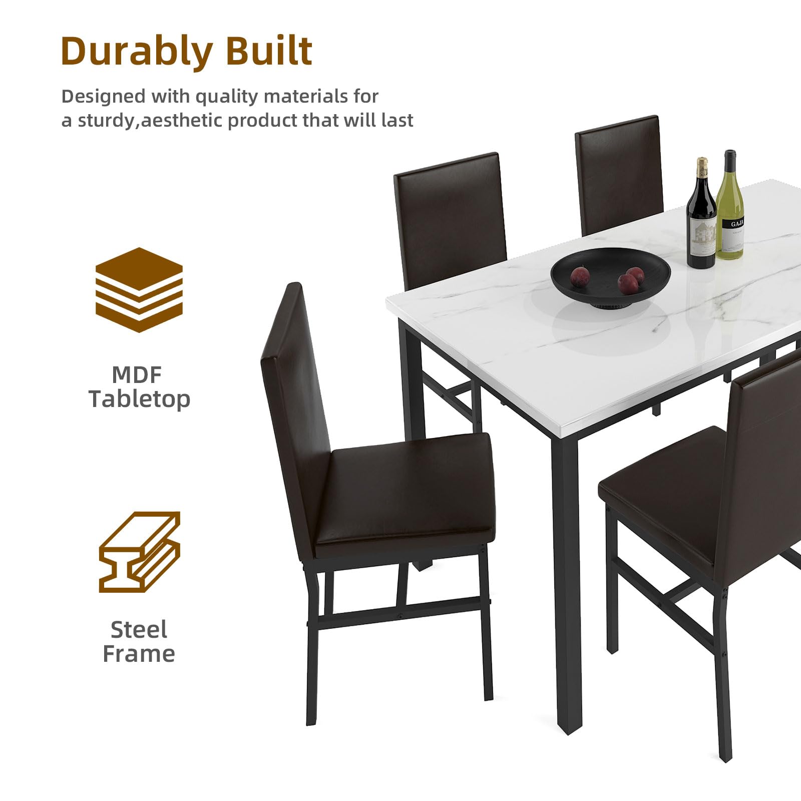6-Piece Dining Table Set with Faux Marble Top & PU Leather Chairs - Modern Kitchen Table & Chair Set for Small Spaces, Apartments & Dining Rooms (White 1 Table + 6 Chairs) - Perfect for Family Meals, Dinner Parties & Compact Living Spaces