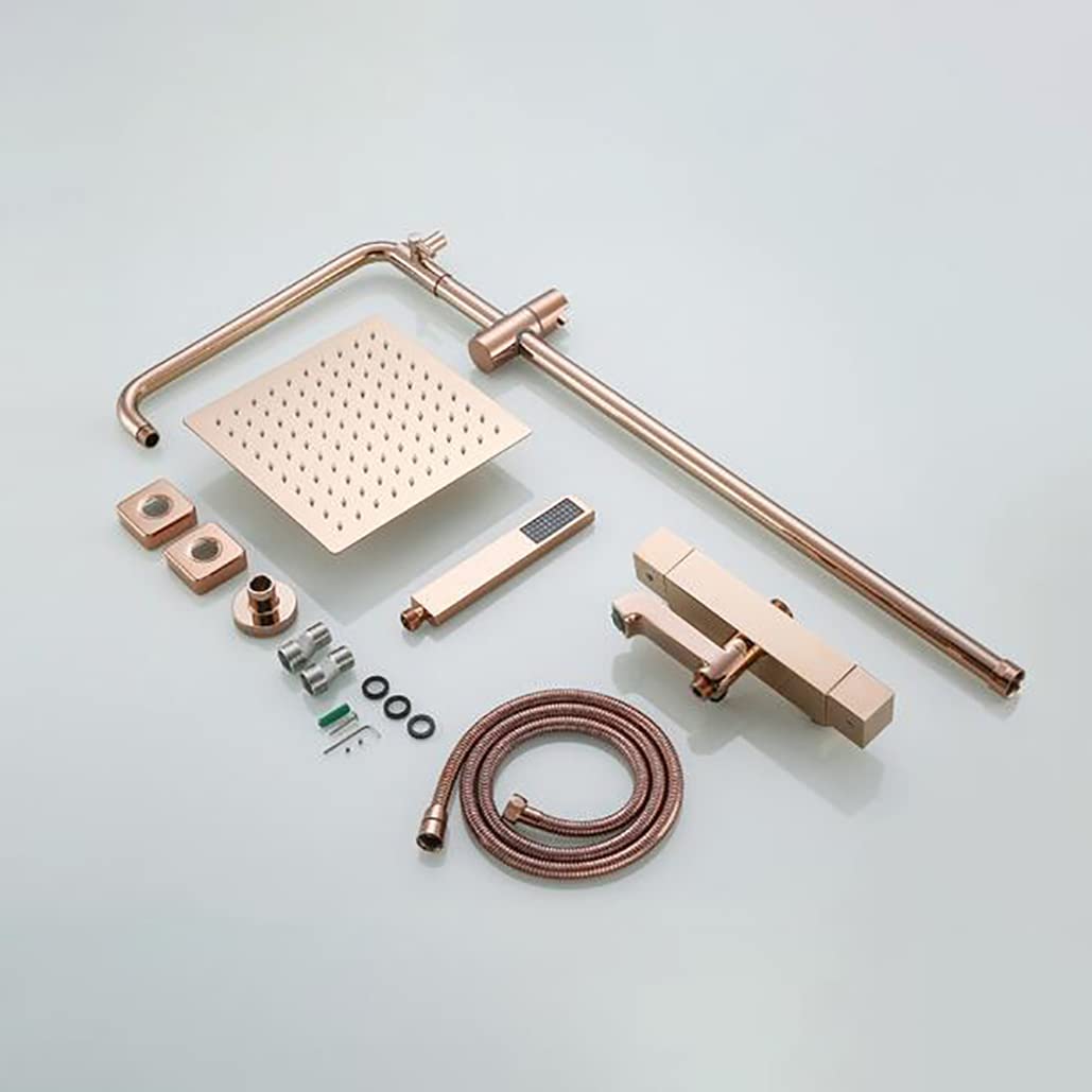 Luxury Rose Gold Thermostatic Wall Mounted Shower Set - 10 Inch Rainfall Shower Head & Hand Shower - Brass Bathroom Mixer Tap with Diverter - Perfect for Modern Spa-Like Bathroom Experience