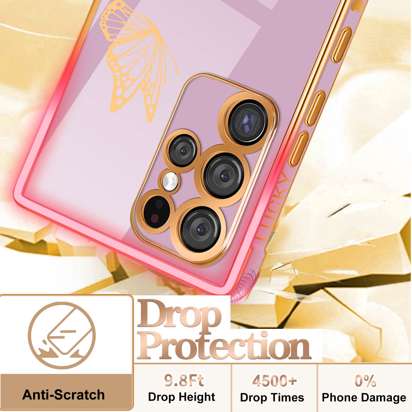 Elegant Purple & Gold Butterfly Samsung Galaxy S23 Ultra Case - Luxury Aesthetic Phone Cover for Women (6.8