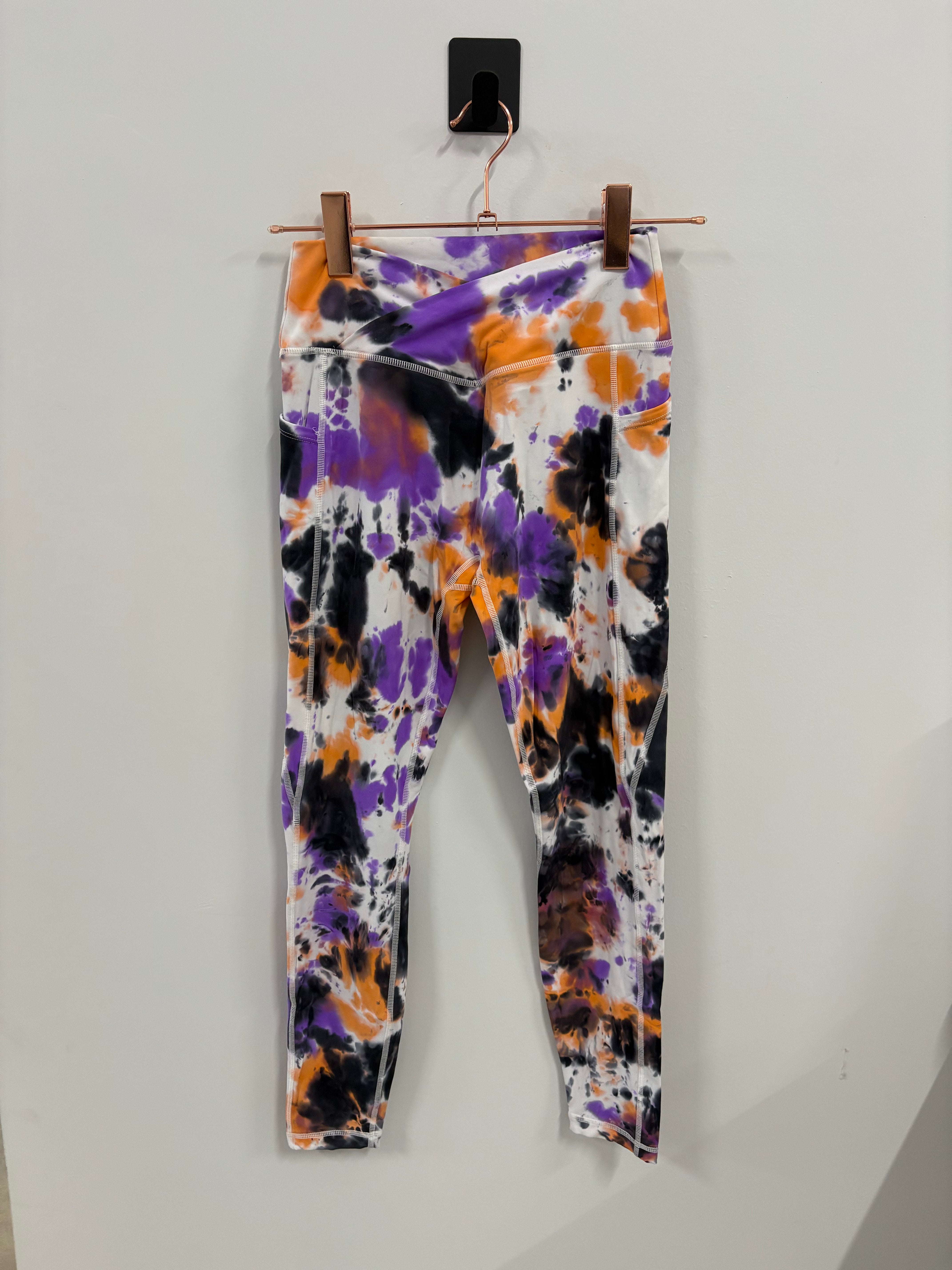 Empowered High-Waisted Yoga Leggings with Pockets - Purple/Orange & Black Tie Dye - Small - Perfect for Workouts, Running & Casual Wear
