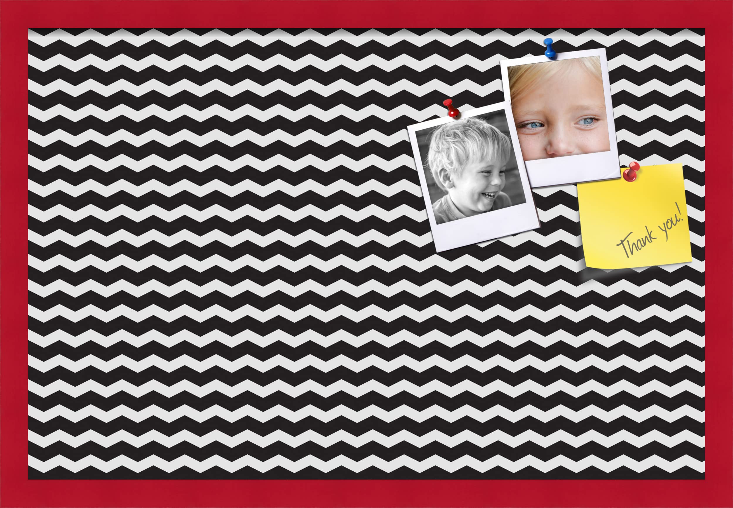 PinPix 27x18 Inch Cork Bulletin Board - Black & White Chevron Design with Red Stained Beech Frame - Stylish Home Office Decor, Message Board & Wall Organizer for Notes, Photos & Reminders (PinPix-118) - Perfect for Home, Office, Dorm Room & Classroom Organization