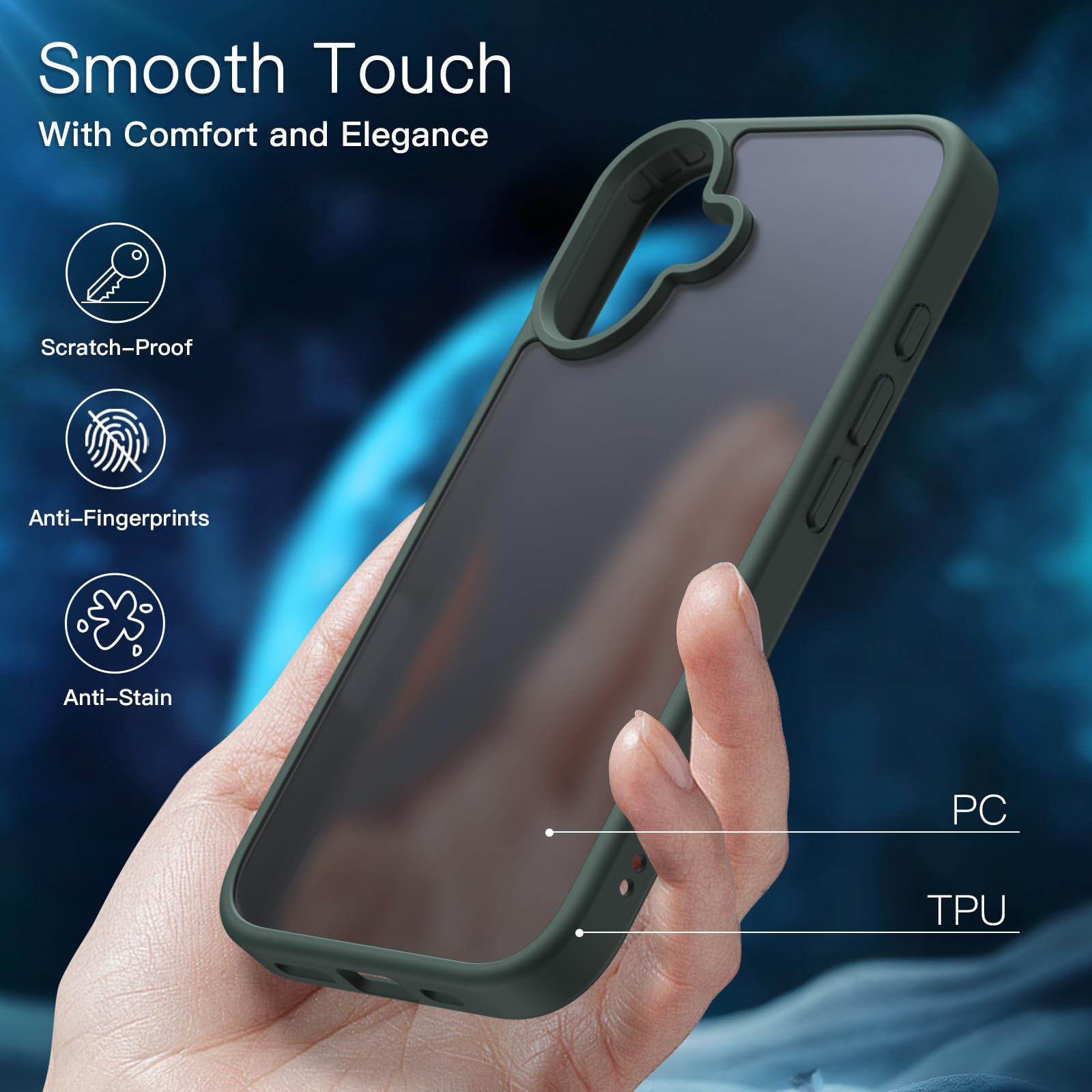 JETech 5-in-1 Matte Case for iPhone 16 6.1-Inch - 2-Pack Tempered Glass Screen Protector + Camera Lens Protector | Shockproof Translucent Back Cover (Dark Green) | Perfect for Work, Travel & Outdoor Protection