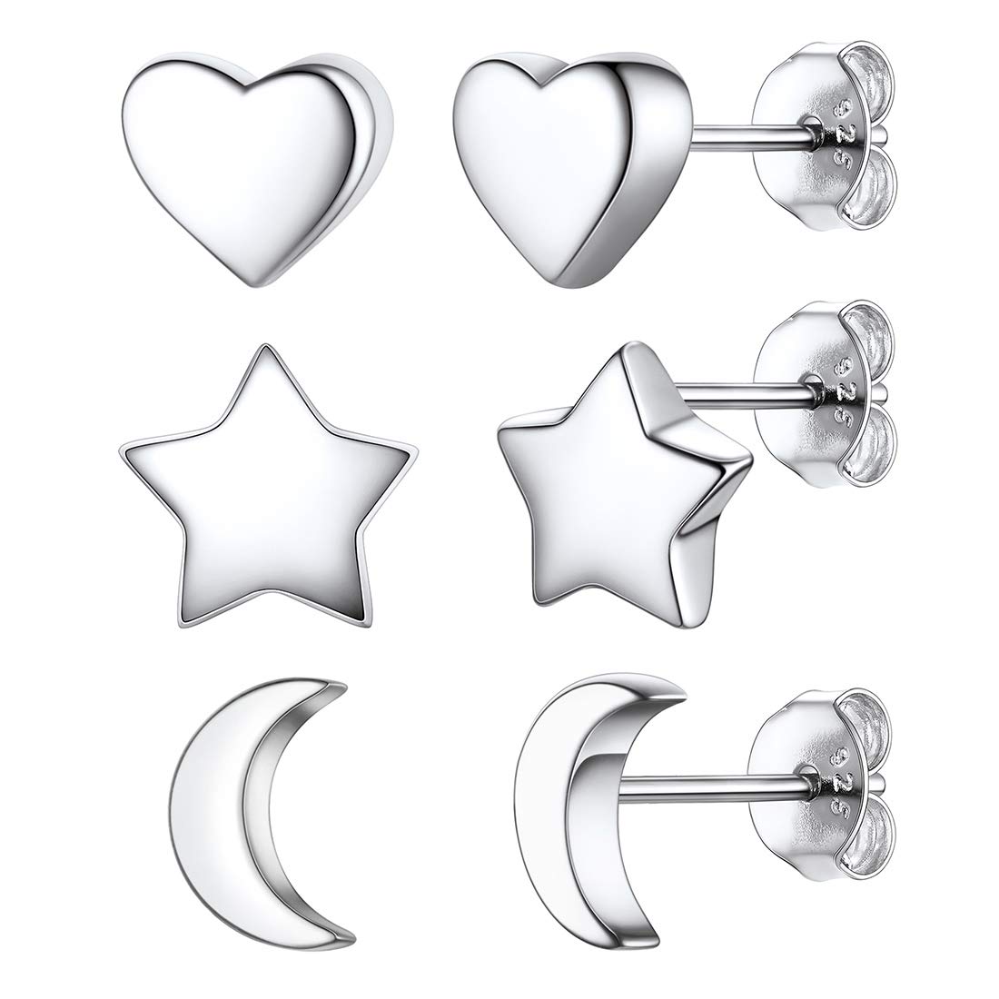 ChicSilver 925 Sterling Silver Stud Earrings for Women - Heart, Moon & Star Dainty Tiny Earring Studs Set | Hypoallergenic Jewelry for Sensitive Ears | Perfect for Everyday Wear, Gift Giving & Special Occasions (3 Pairs)