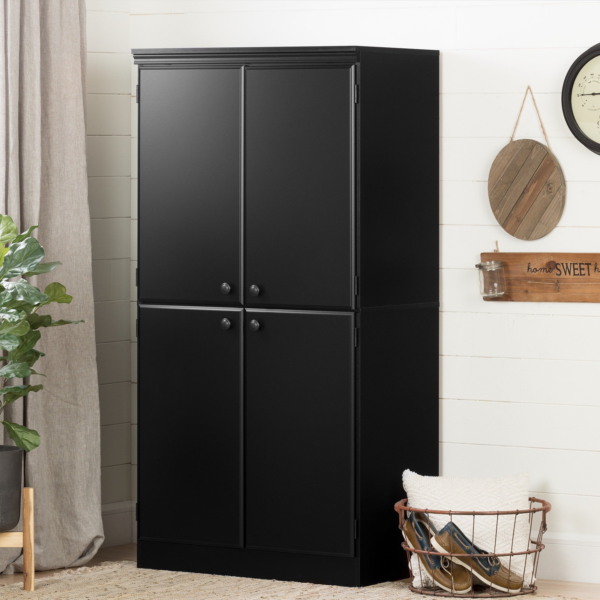 South Shore Tall 4-Door Storage Cabinet with Adjustable Shelves, Pure Black - Perfect for Home Office, Living Room & Bedroom Organization