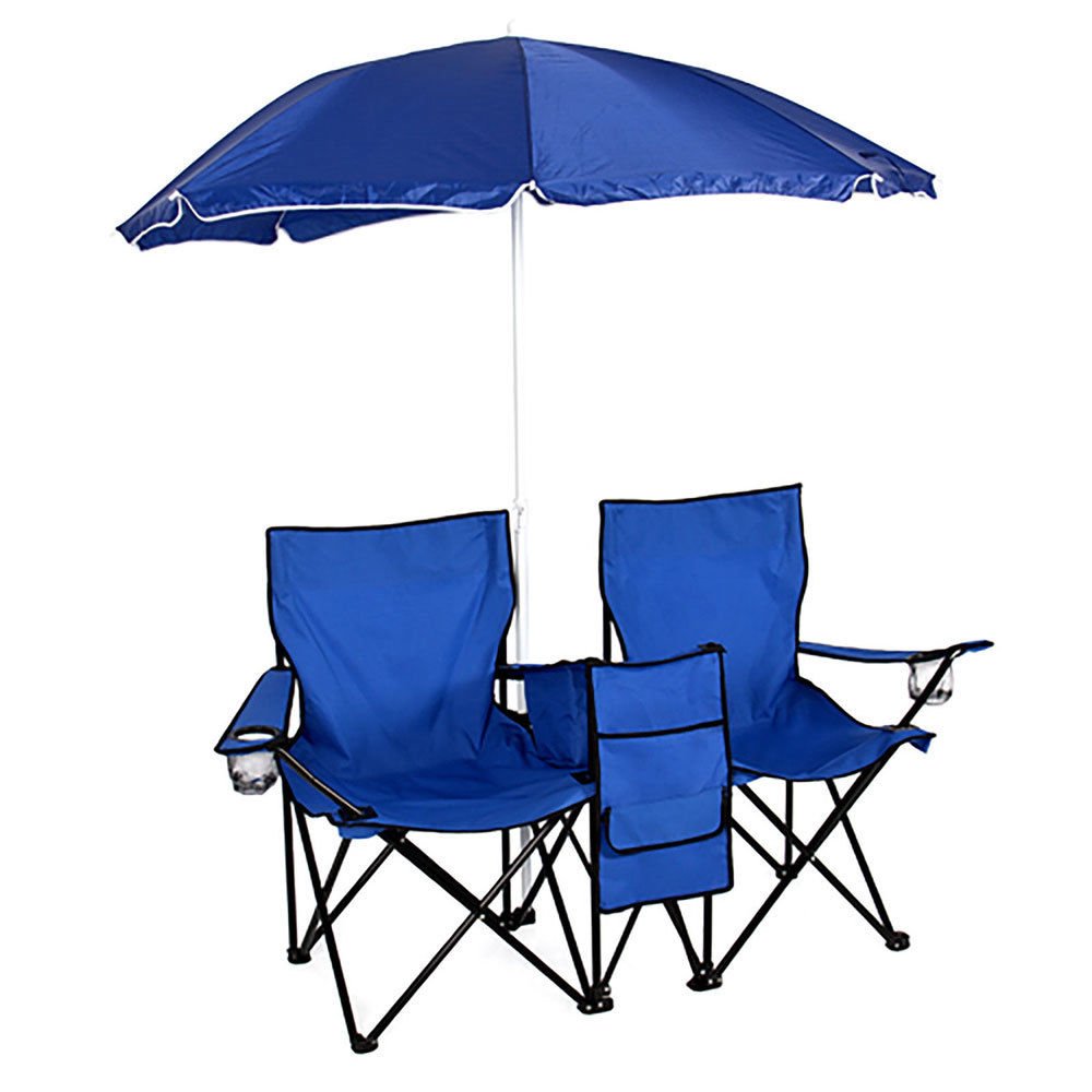 Premium Blue Double Beach Chair with Adjustable Umbrella - Foldable, Portable for Picnic, Camping, Fishing & Outdoor Relaxation | Includes Built-in Cooler & Side Table