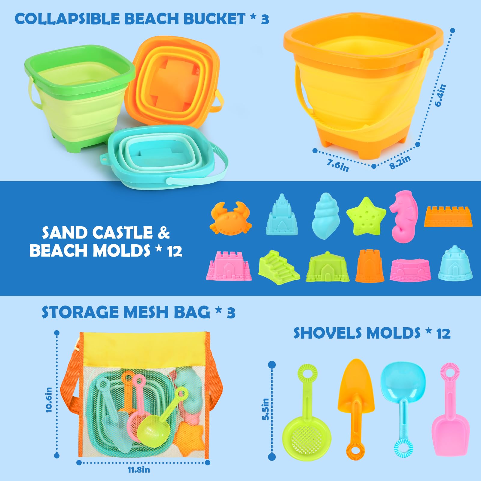 Dreamon Collapsible Beach Toys for Kids Ages 3-10 - 3 Pack Foldable Sand Buckets with Mesh Bag, 24 PCS Sand Molds & Shovels - Travel Friendly Sandbox Toys for Toddlers | Perfect for Beach Vacations, Backyard Play & Summer Outdoor Activities