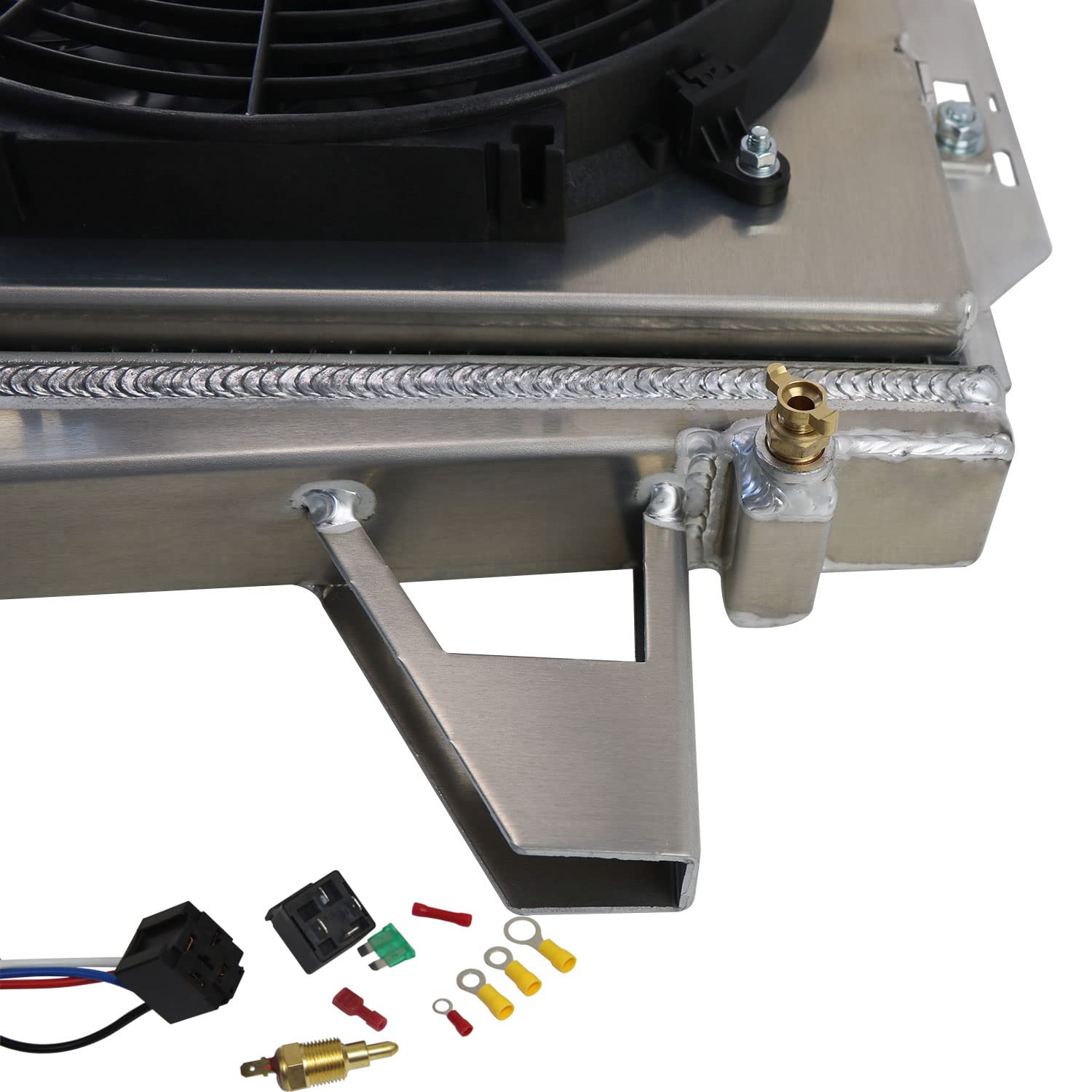 High-Performance Aluminum Radiator for 1985-1996 Ford F150 F250 F350 & Bronco - 3 Row Crossflow Design with Shroud Fan & Relay Kit - Perfect for Off-Roading, Towing & Engine Cooling Upgrades