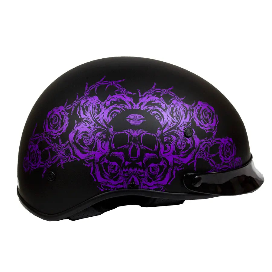 VOSS 707FRP Black Skull and Rose Half Helmet with Peak - DOT Approved Motorcycle Helmet for Men & Women - Perfect for Cruiser, Chopper, and Harley Riders