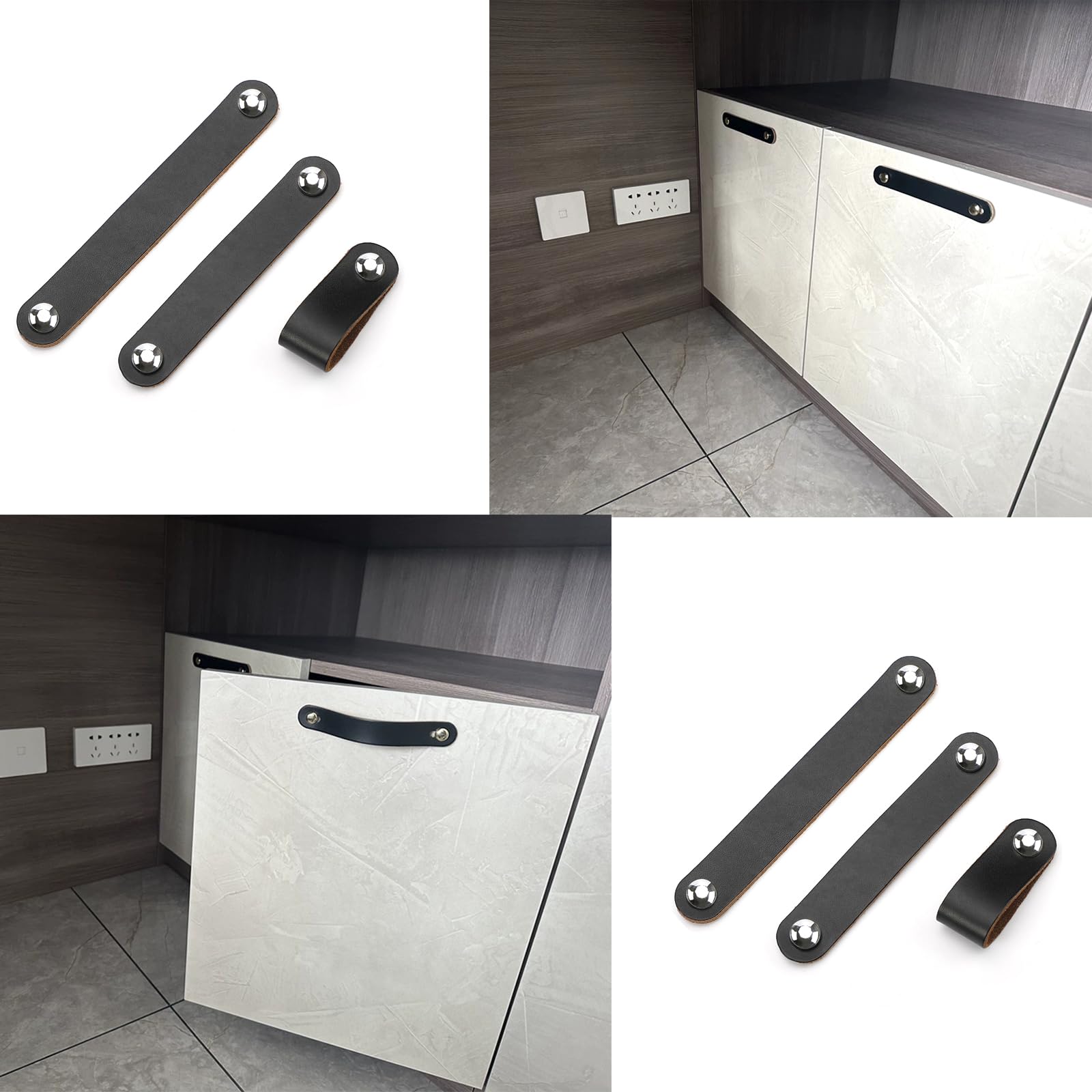 Genuine Leather Cabinet Knobs - Set of 8 Black Drawer Pulls for Dressers & Cabinets