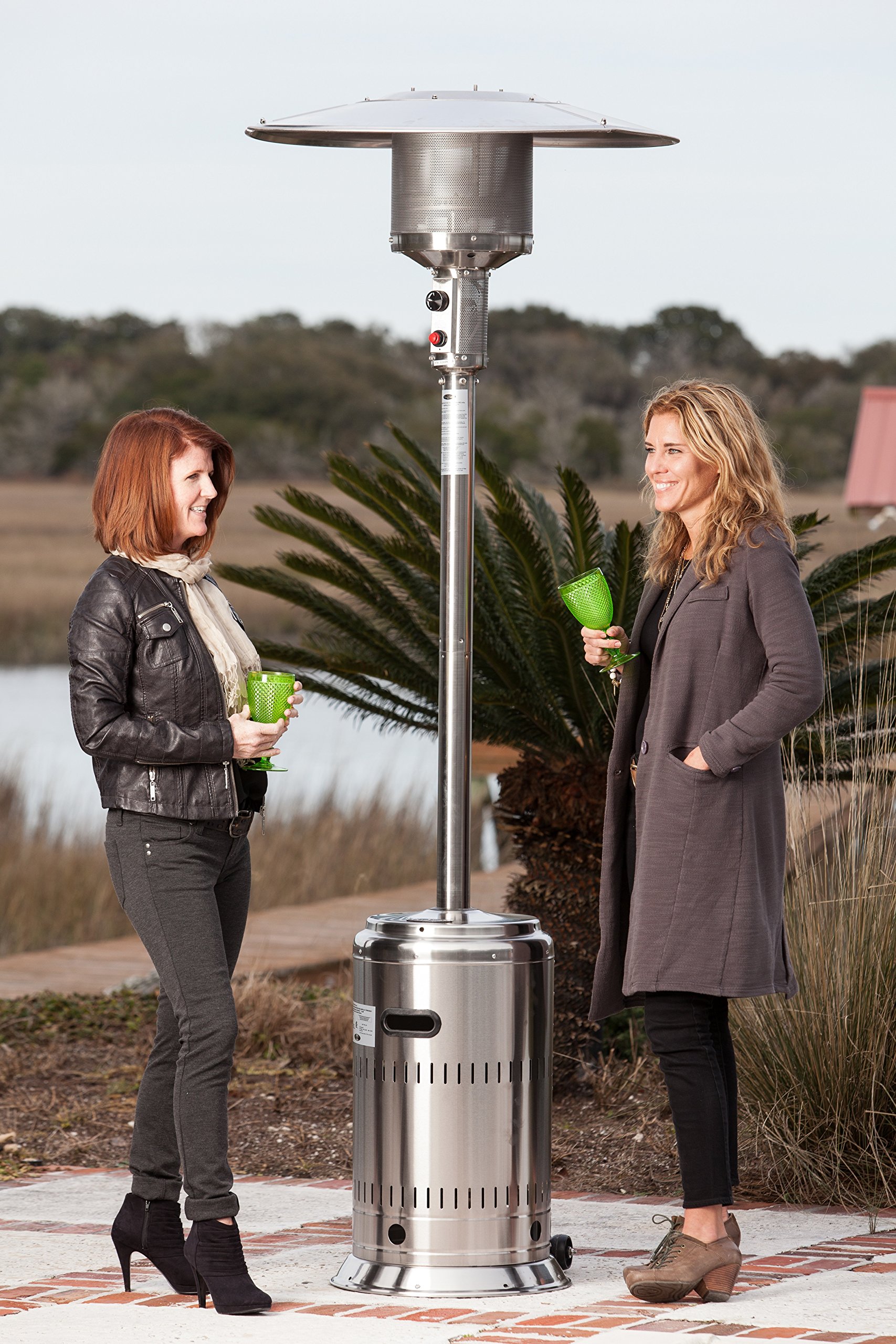 Fire Sense 01775 50,000 BTU Stainless Steel Patio Heater with Wheels & Electronic Ignition - Portable Outdoor Propane Heater for Backyard, Deck, Restaurant & Garden Parties