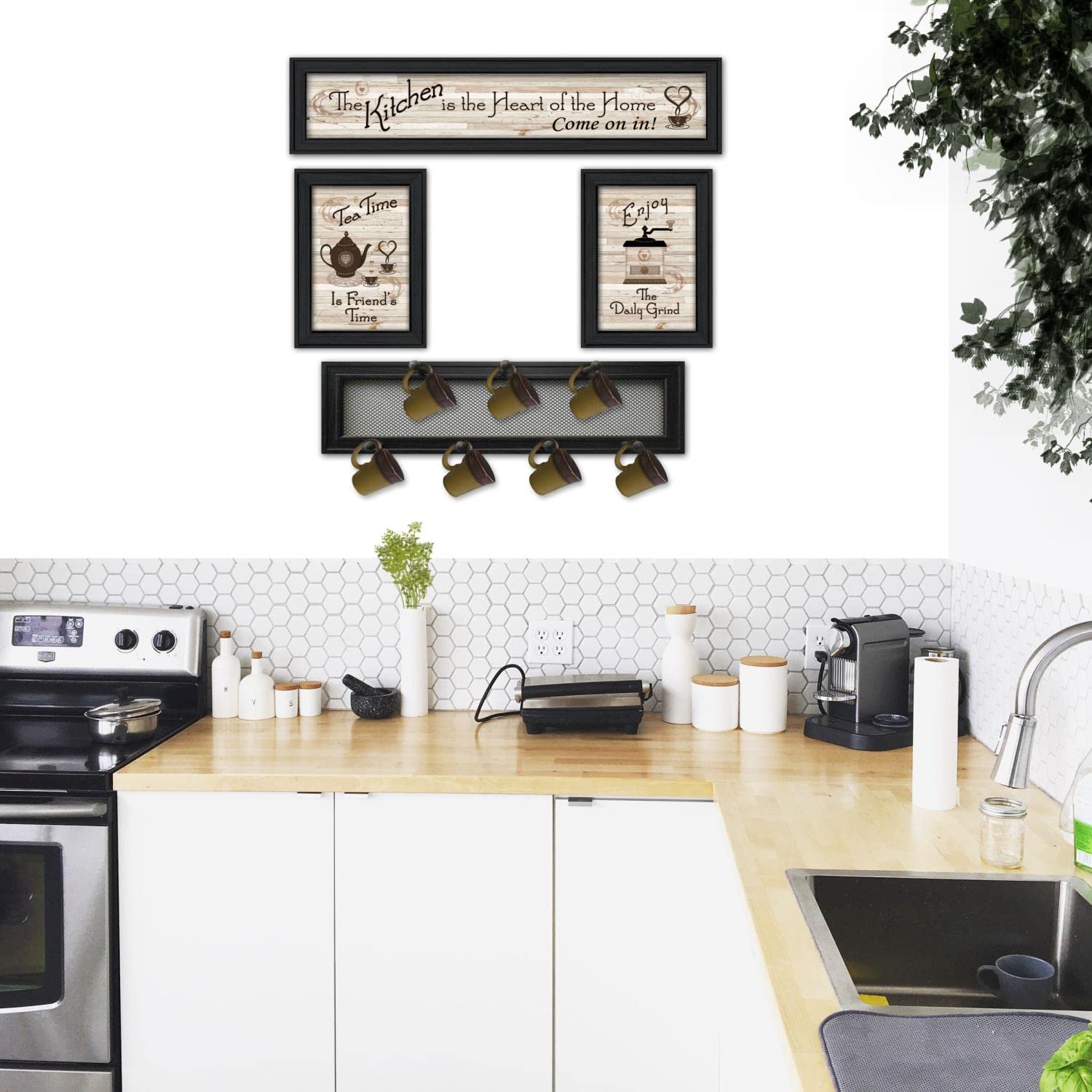 4-Piece Kitchen Collection IV Vignette Set with 7-Peg Mug Rack - Black Frame by Millwork Engineering | Perfect for Coffee Mug Storage & Kitchen Organization