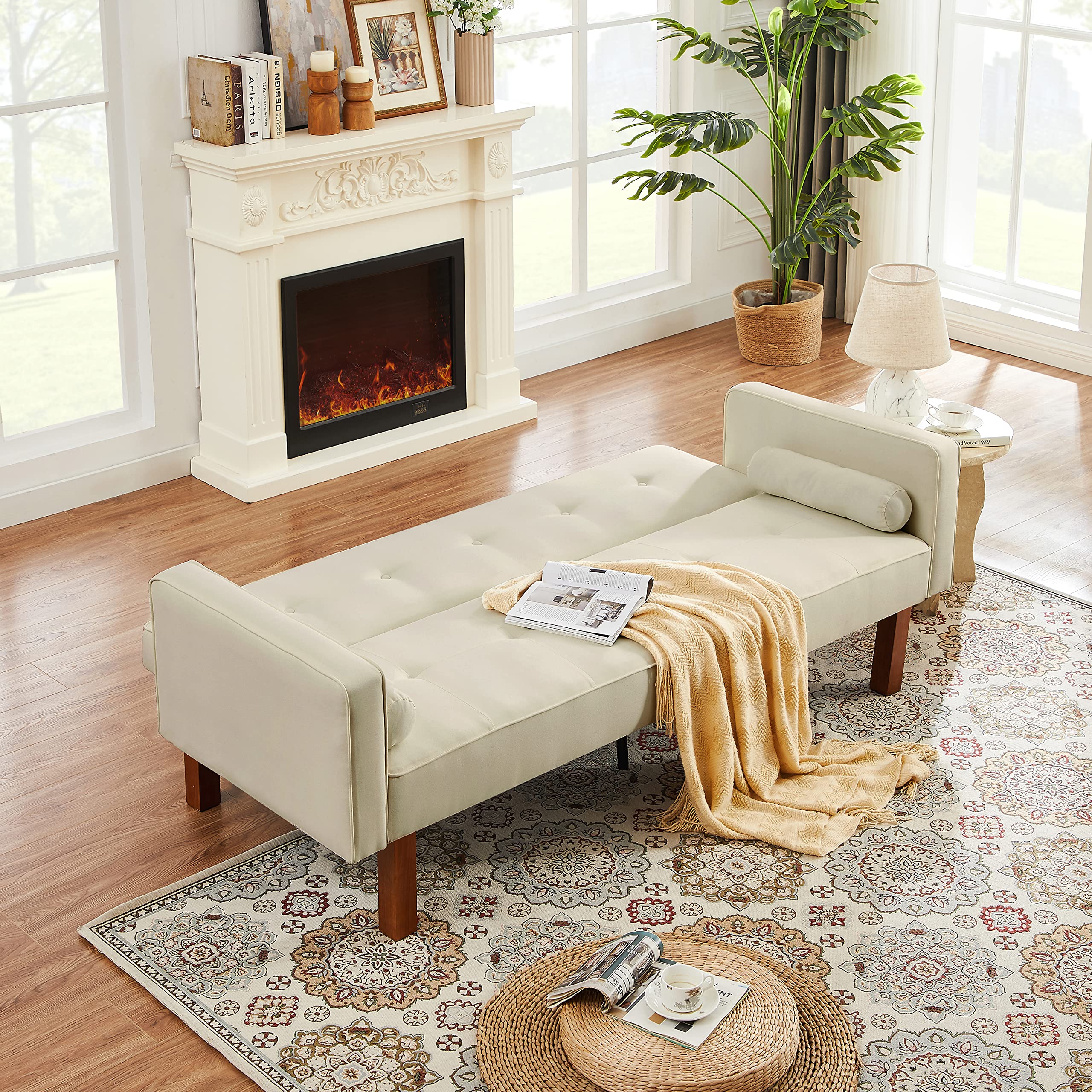 Anwick Modern Fabric Sofa Bed Futon - Convertible Sleeper Loveseat with 2 Pillows & Armrests, 75