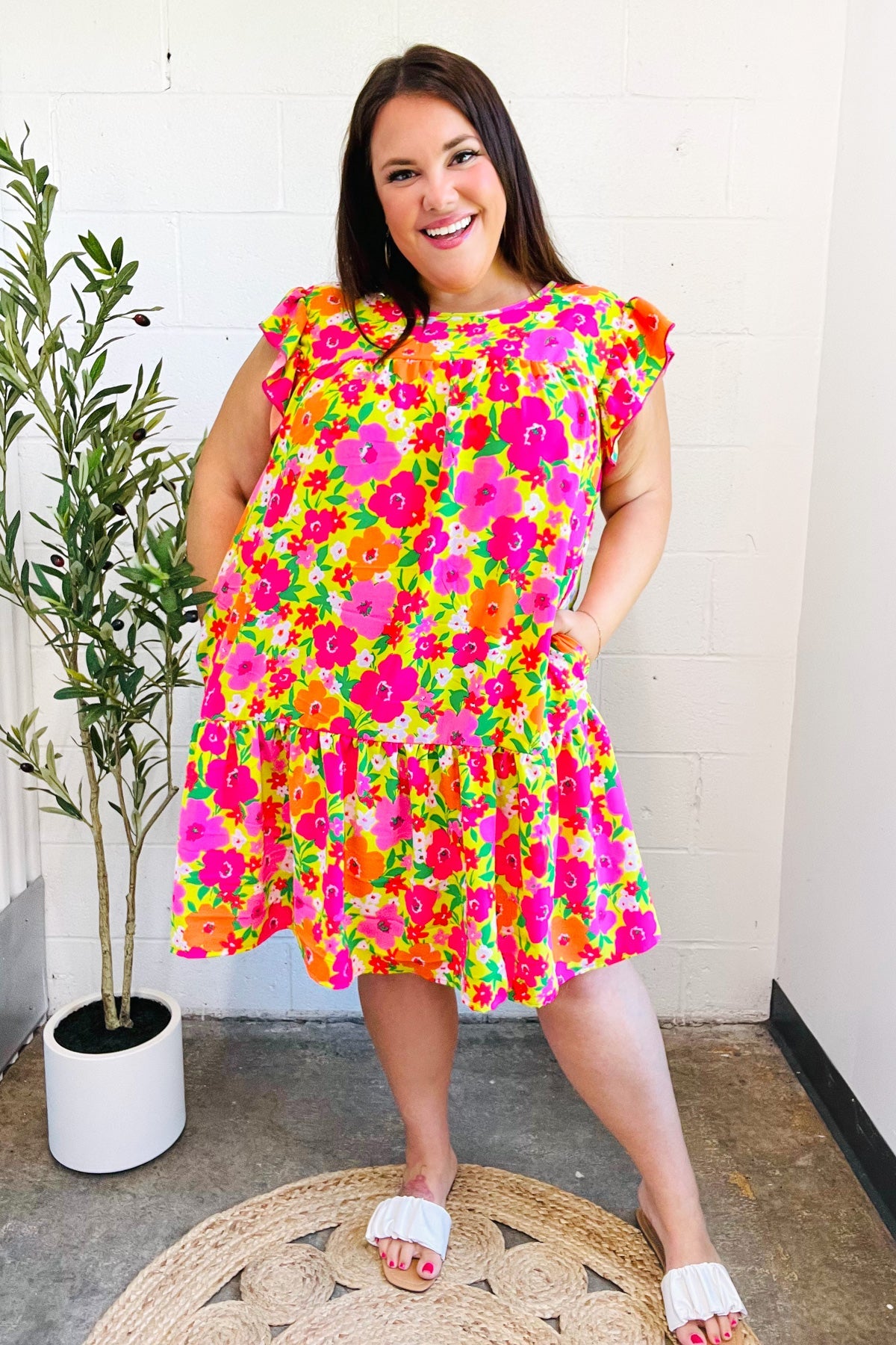 Be Charming Lime & Pink Floral Print Tiered Ruffle Sleeve Dress - Women's Summer Party Dress for Weddings, Garden Parties & Date Nights