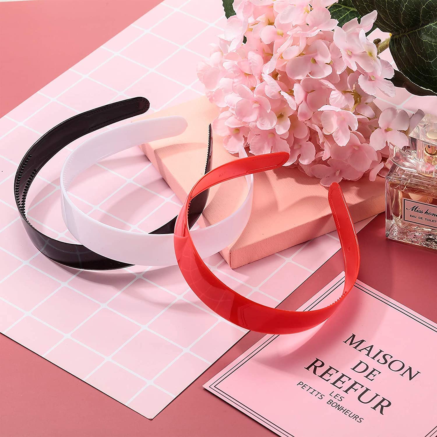 1 Inch Rose Petals Plastic Headbands with Teeth - 3 Pack Non-Slip Hard Plastic Hairbands for Women & Girls - DIY Hair Accessories in Black, White, Red - Perfect for Crafting, Cosplay, and Everyday Styling