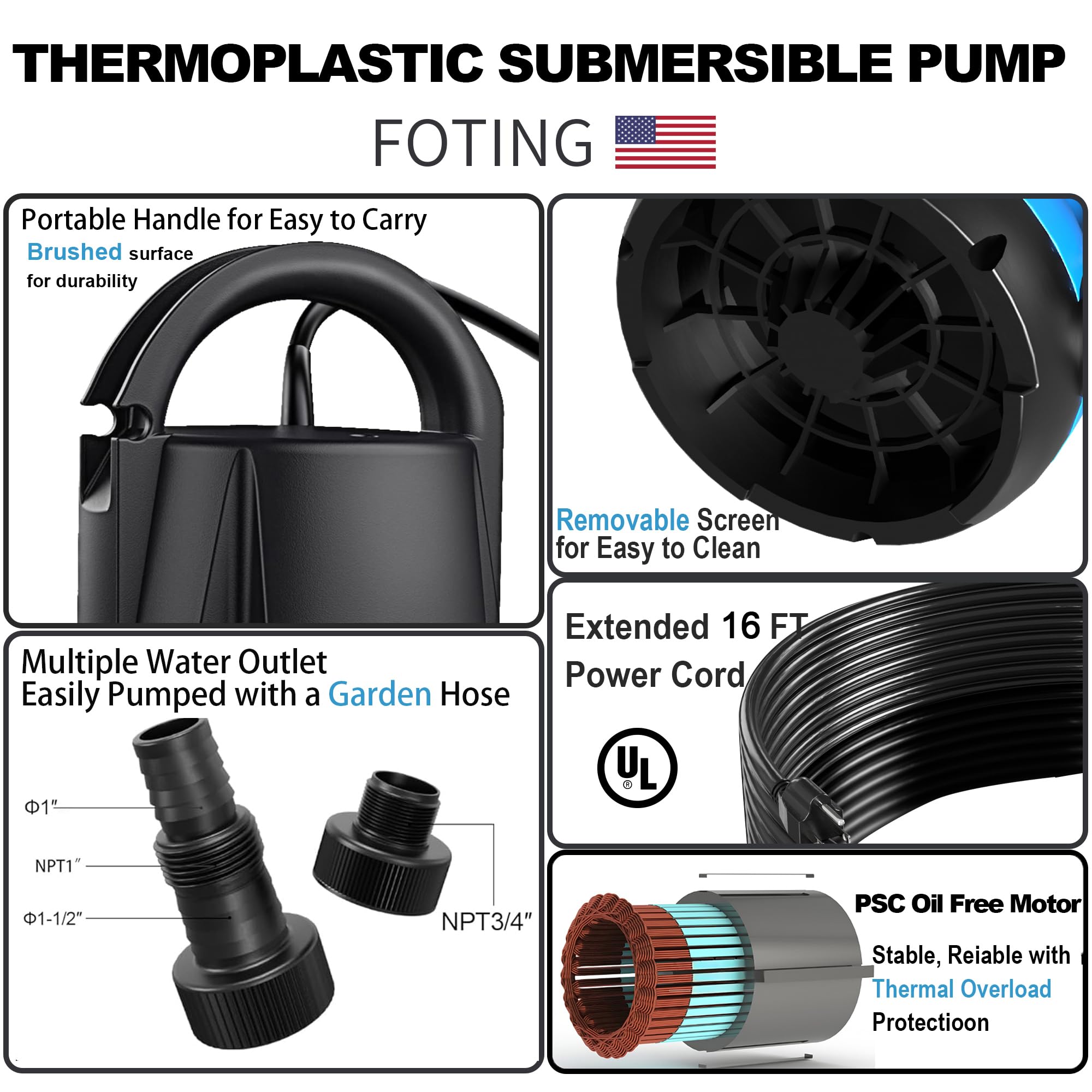 1HP FOTING Submersible Sump Pump - 4600GPH High Flow Clean/Dirty Water Pump with 16ft Power Cord - Portable Thermoplastic Utility Pump for Swimming Pools, Garden Ponds, Basement Flooding & Water Transfer - Ideal for Emergency Drainage, Irrigation, and Home Maintenance
