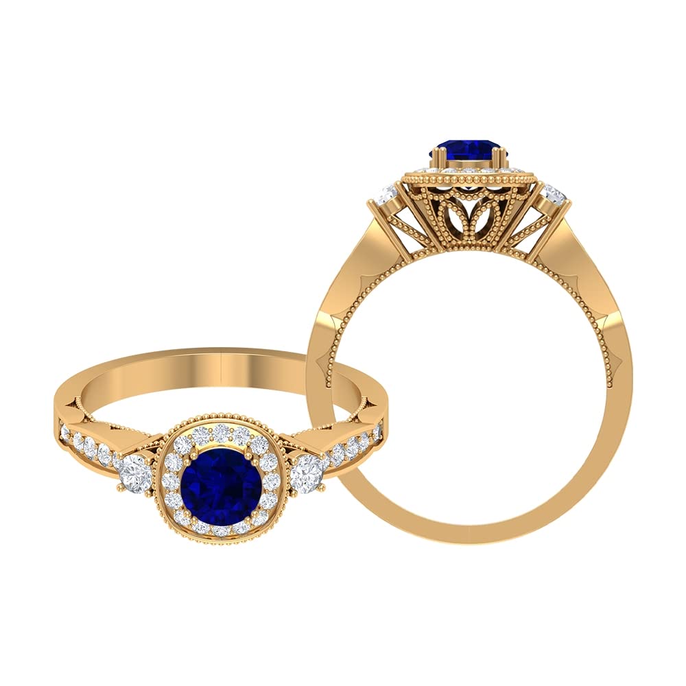 1 CT Blue Sapphire and Diamond Ring for Women - 14K Solid Gold Vintage Inspired Beaded Ring, Elegant Jewelry Gift for Anniversary, Engagement, Wedding & Special Occasions