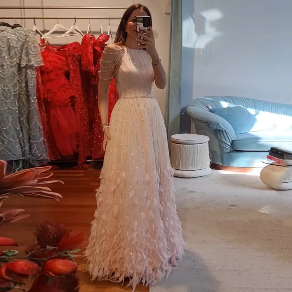 Luxury Dubai Saudi Pink Feather A-Line Arabic Beaded Evening Gown LA72721 for Formal Events, Weddings, Galas & Special Occasions