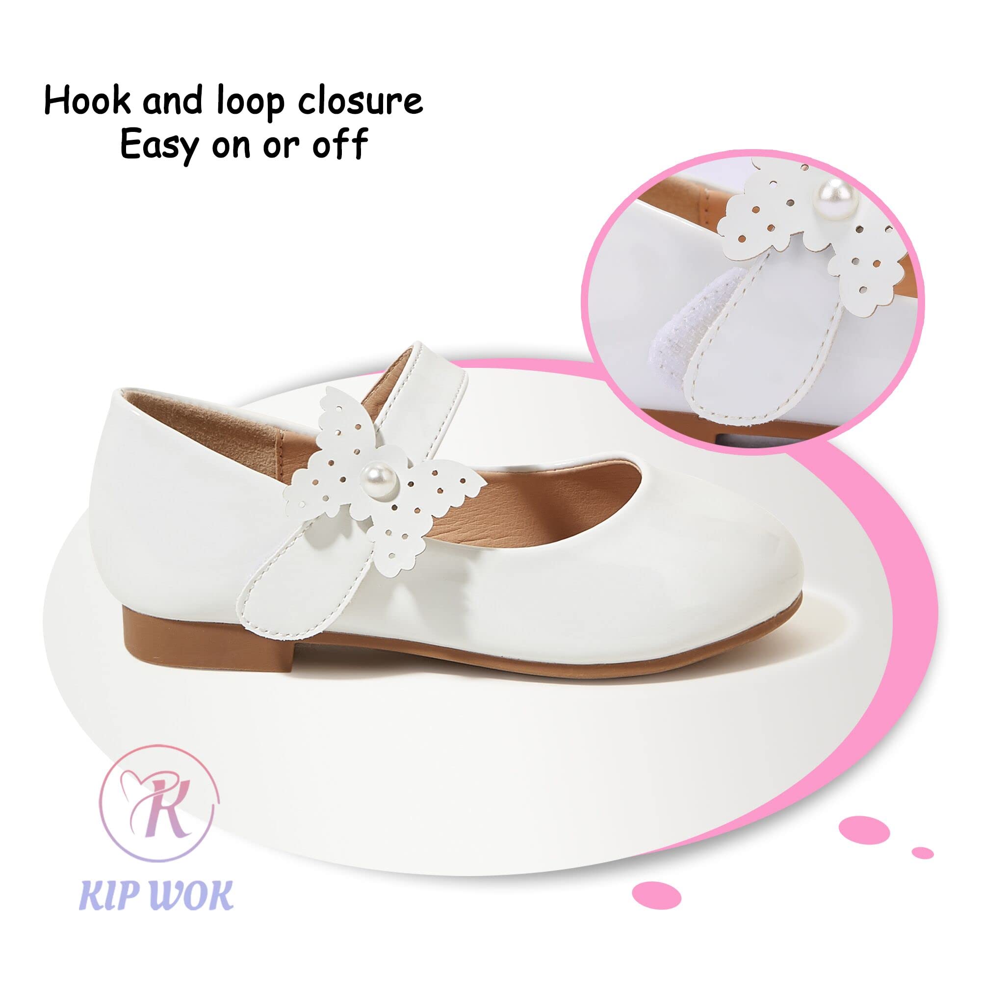 K KIP WOK Toddler Girl Mary Jane Dress Shoes with Glitter & Flower Design - Ballet, Wedding, Party, Special Occasion Outfit for Little Girls