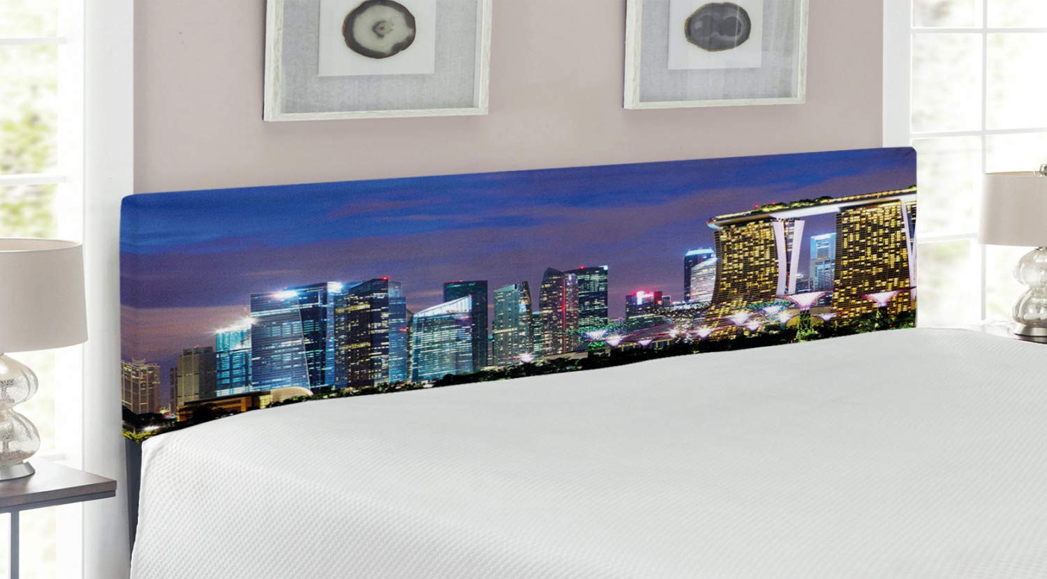 Ambesonne King Size Travel Headboard - Singapore Cityscape Night View Modern Architecture Urban Design, Upholstered Decorative Metal Bed Headboard with Memory Foam, Multicolor | Perfect for Bedroom Decor, Guest Rooms & Airbnb Styling