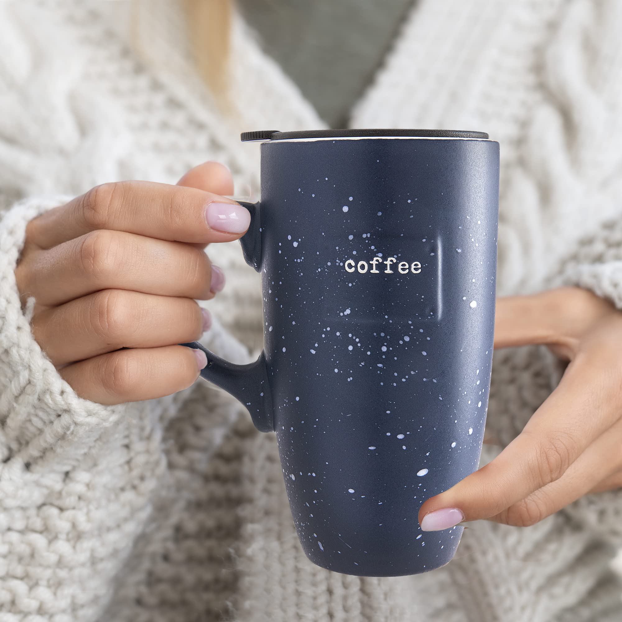 Sheffield Stoneware Travel Mug - 20oz Navy Blue Speckled Coffee Cup with Lid for Tea, Latte & Hot Chocolate - Perfect for Commuting