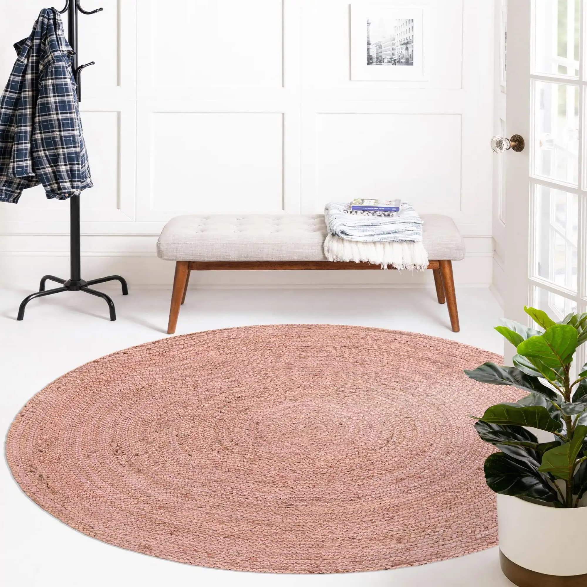 Handwoven Jute Area Rug - 7 Feet Round Natural Fiber Rug - Pink Braided Reversible Vintage Rug - Eco-Friendly Farmhouse Decor for Bedroom, Living Room, Kitchen - Perfect for Boho, Rustic & Coastal Style Homes