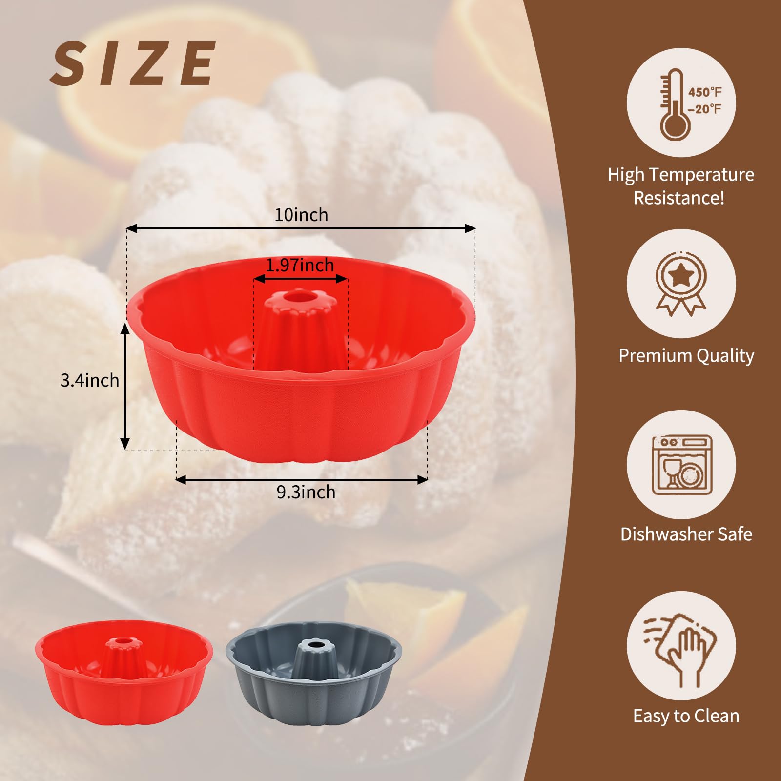2 Pack 10 Inch Nonstick Silicone Bundt Cake Pan Set - Pound Cake Mold for Baking Jello, Gelatin, Brownies & Bread (Red + Grey) | Perfect for Holiday Desserts, Birthday Cakes & Party Treats