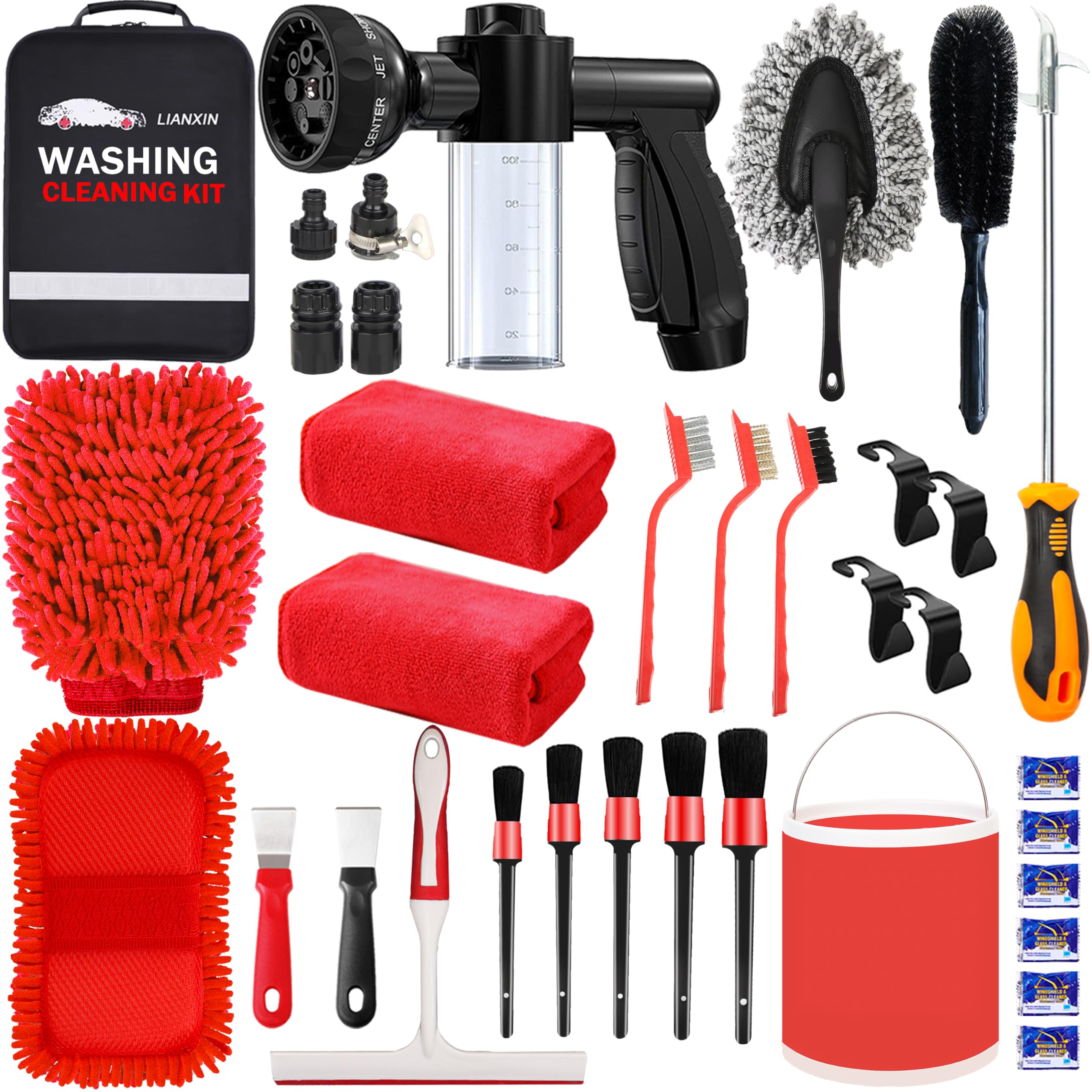 Premium Car Wash Kit with Foam Gun, Microfiber Towels & Sponge, Tire Brush & Collapsible Bucket - Complete Auto Detailing Set for Home & Professional Car Washing