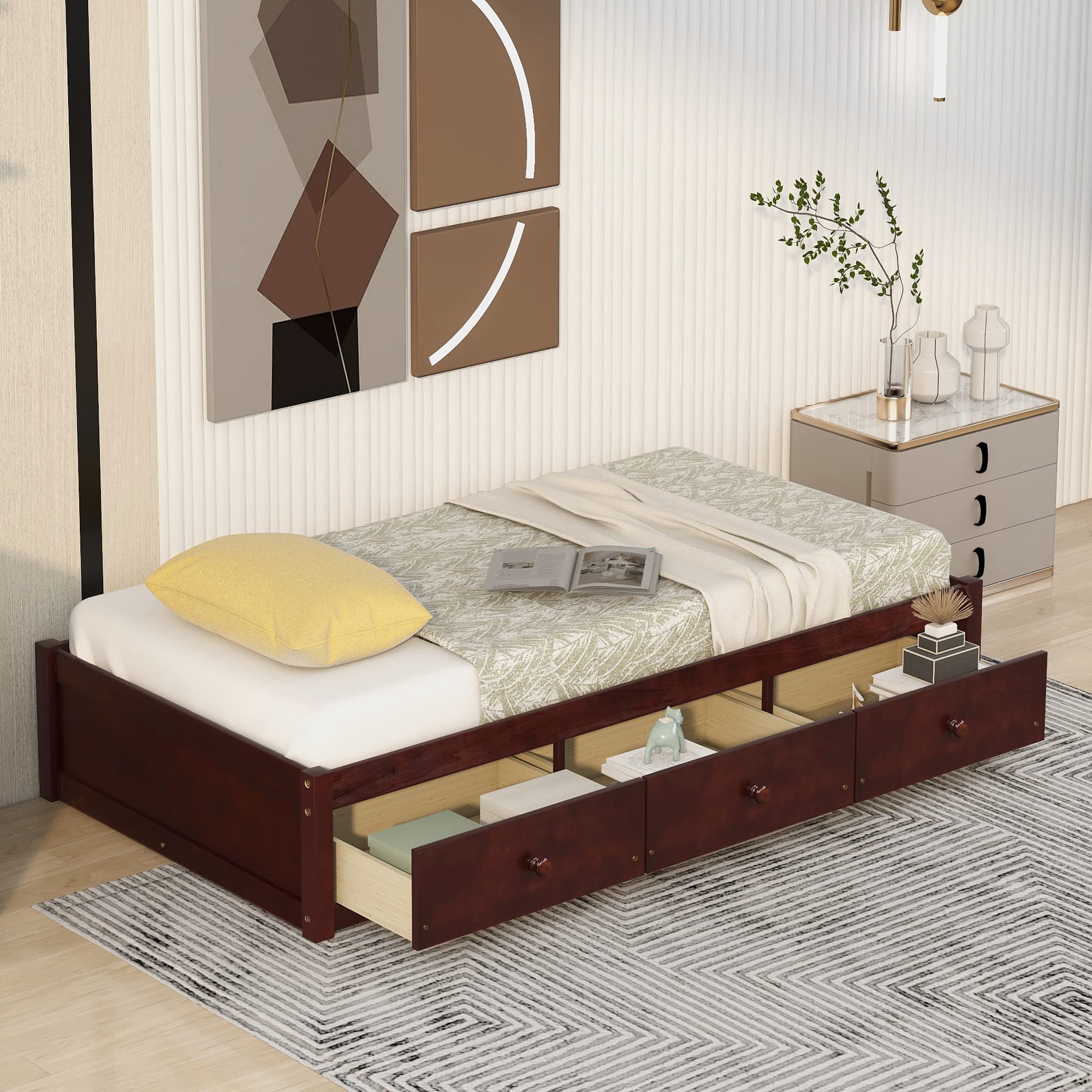 Harper & Bright Designs Twin Bed with Storage - Wood Platform Bed Frame with 3 Drawers, Kids Bed with Wood Slat Support (No Box Spring Needed) - Cherry Finish - Perfect for Small Bedrooms, Guest Rooms & Kids' Rooms
