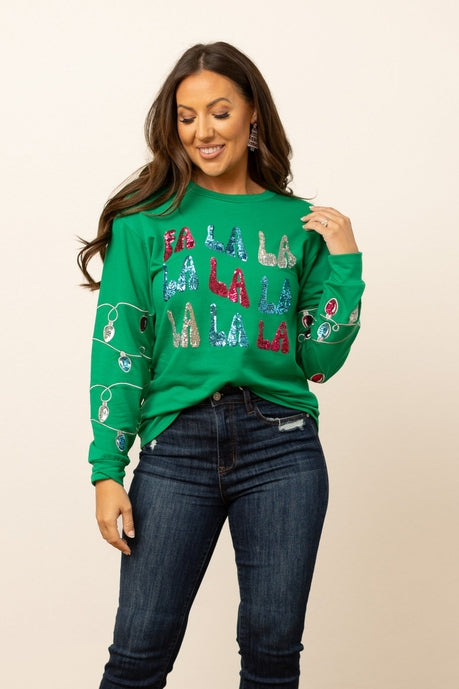 Fa La La Sequins Green Sweater - Festive Holiday Party Wear for Women | Christmas & New Year Outfit