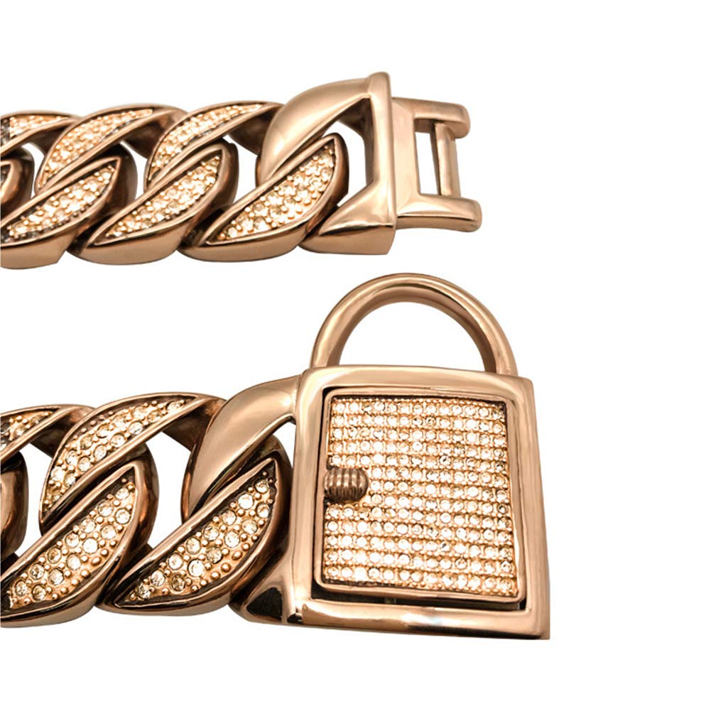 32MM Heavy Cuban Dog Chain with Safety Lock - 18K Rose Gold Stainless Steel Slip Chain Training Collar for Large & Medium Dogs (26inch/66cm) - Durable Metal Links for Daily Walks & Obedience Training
