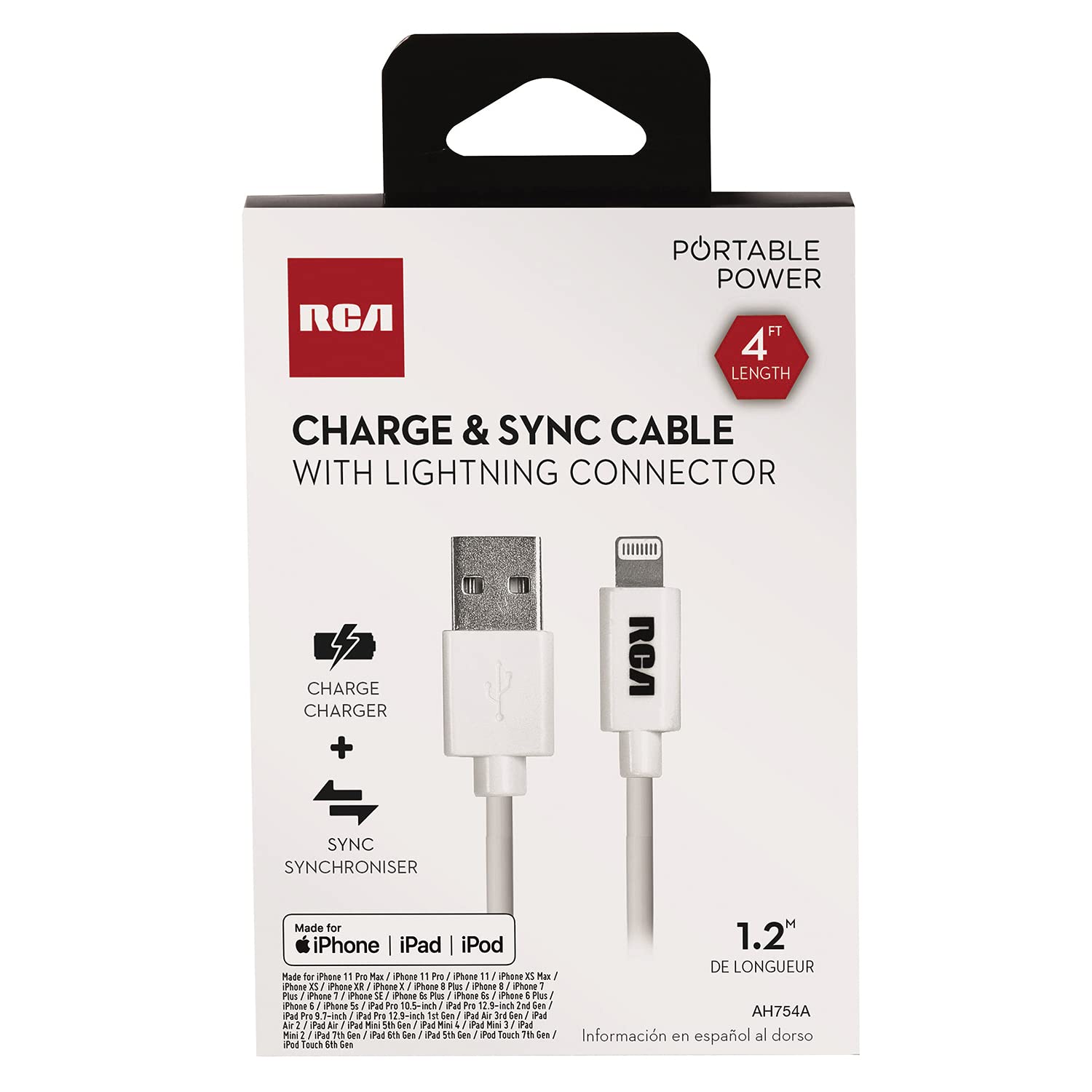 RCA AH754A 4ft Lightning to USB-C Cable - Fast Charging & Data Sync for iPhone, iPad - Durable & Tangle-Free for Home, Office, Travel