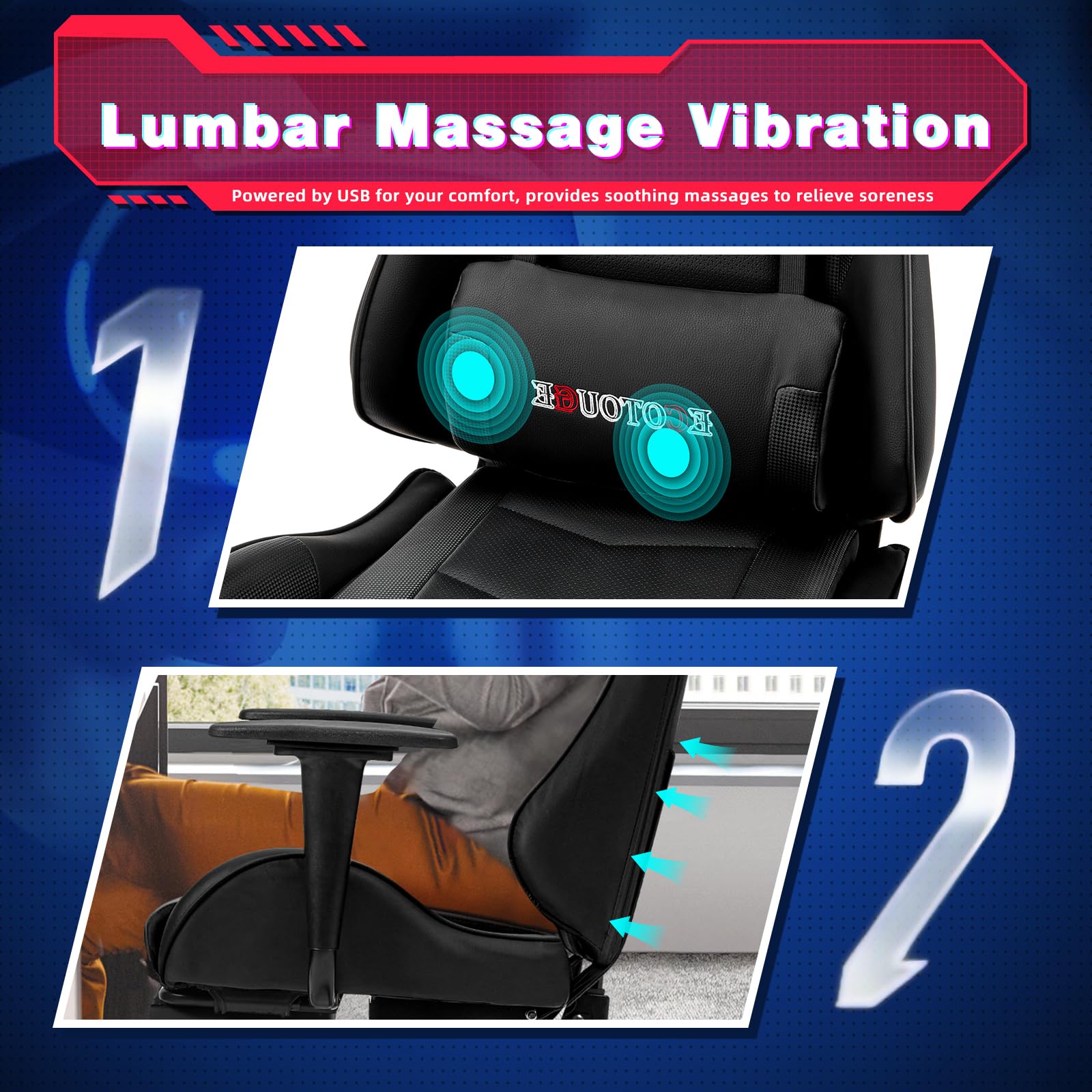 ECOTOUGE Ergonomic Gaming Chair with Footrest - PU Leather PC Massage Office Desk Chair, Recliner Swivel Rocker with Adjustable Headrest & Lumbar Support - Black - Perfect for Gaming, Working & Relaxing at Home