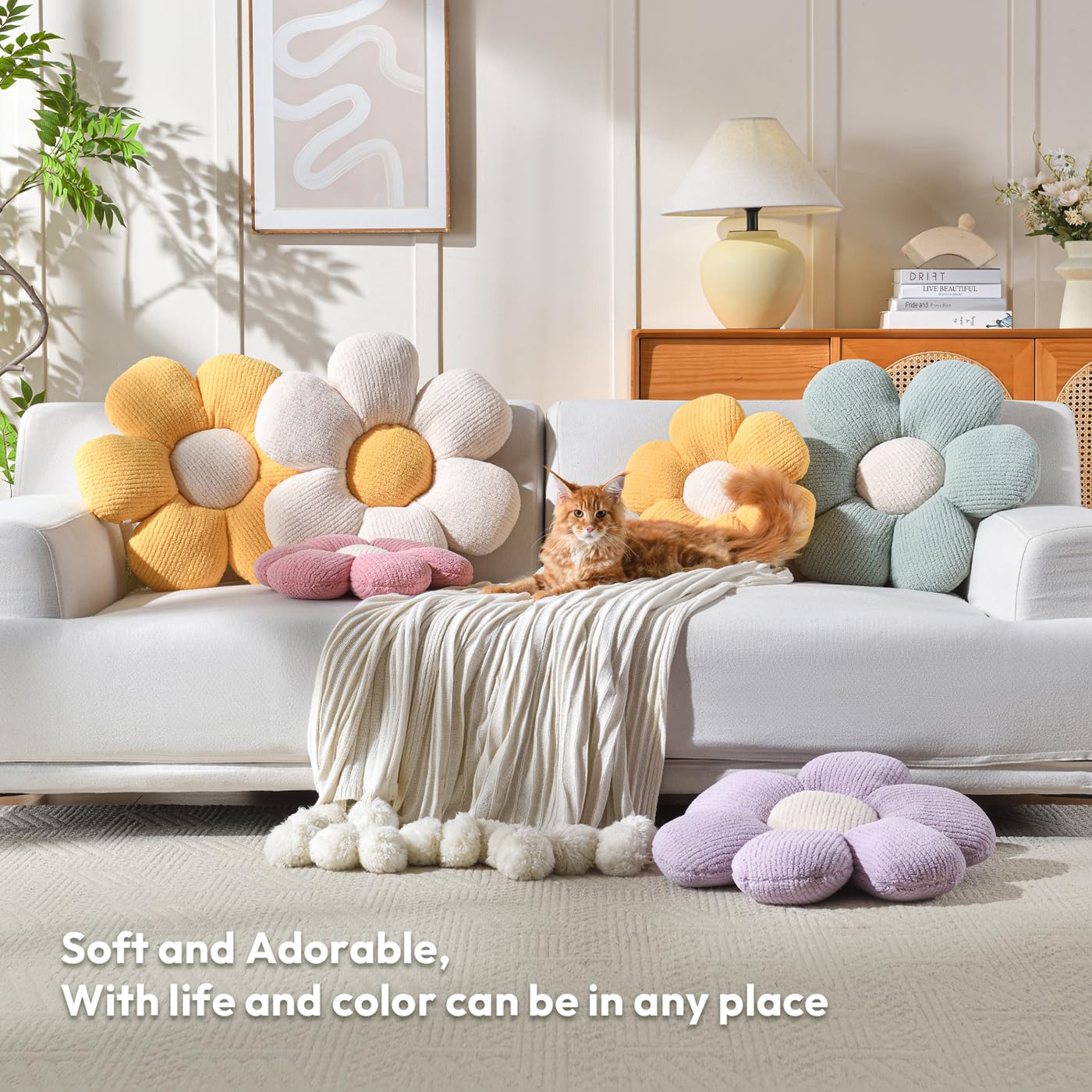 Flower Shaped Pillow - 15.7 Inch Decorative Floor Cushion for Bed, Sofa & Couch | Soft Plush Accent Pillow for Home Decor, Living Room, Nursery & Dorm | Aesthetic Flower Pillow in White (40cm)