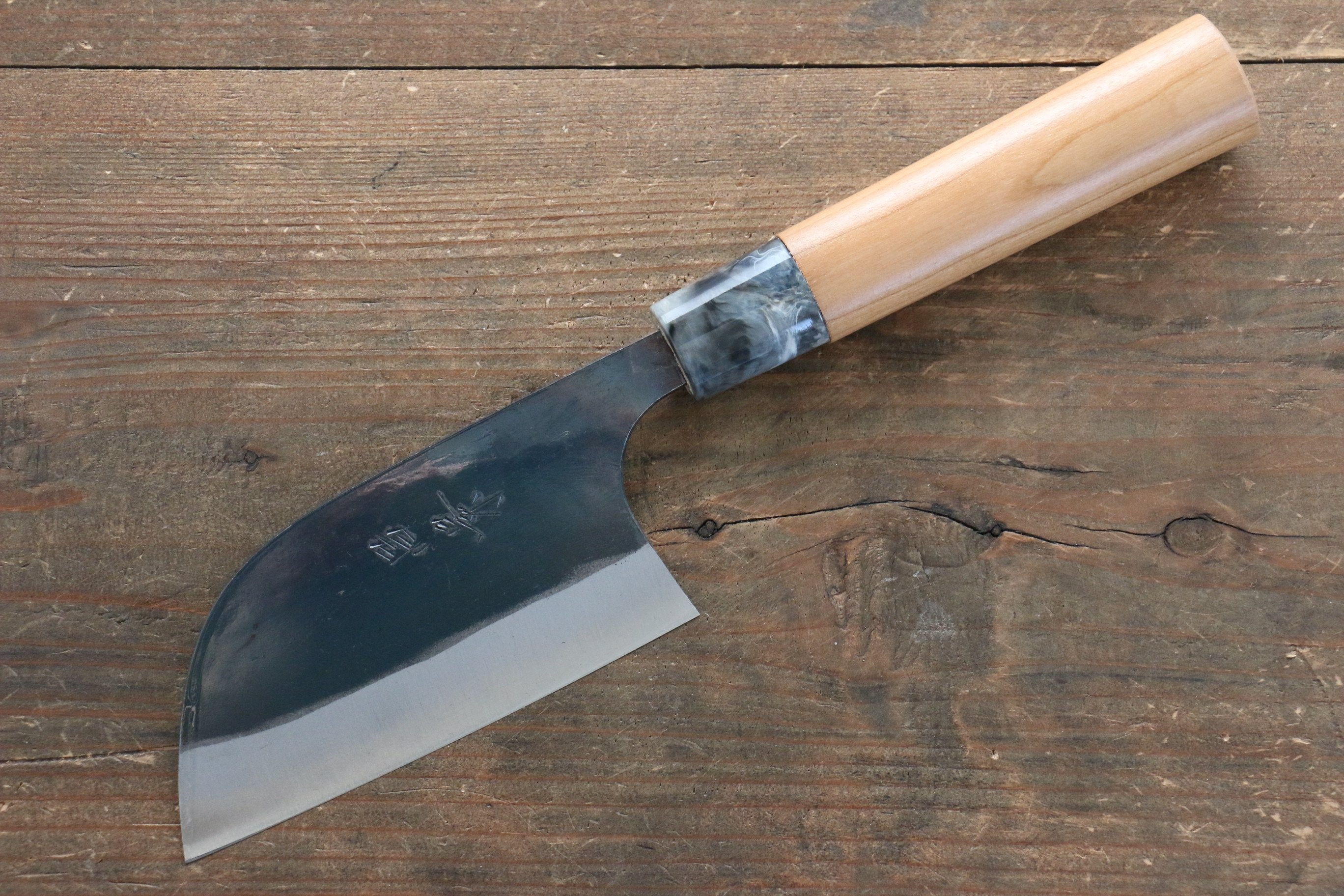 Masakage Mizu Blue Steel No.2 Kamagata Utility Knife 115mm - Japanese Black Finished Blade with American Cherry Wood Handle - Perfect for Sushi, Meat Slicing & Precision Kitchen Tasks