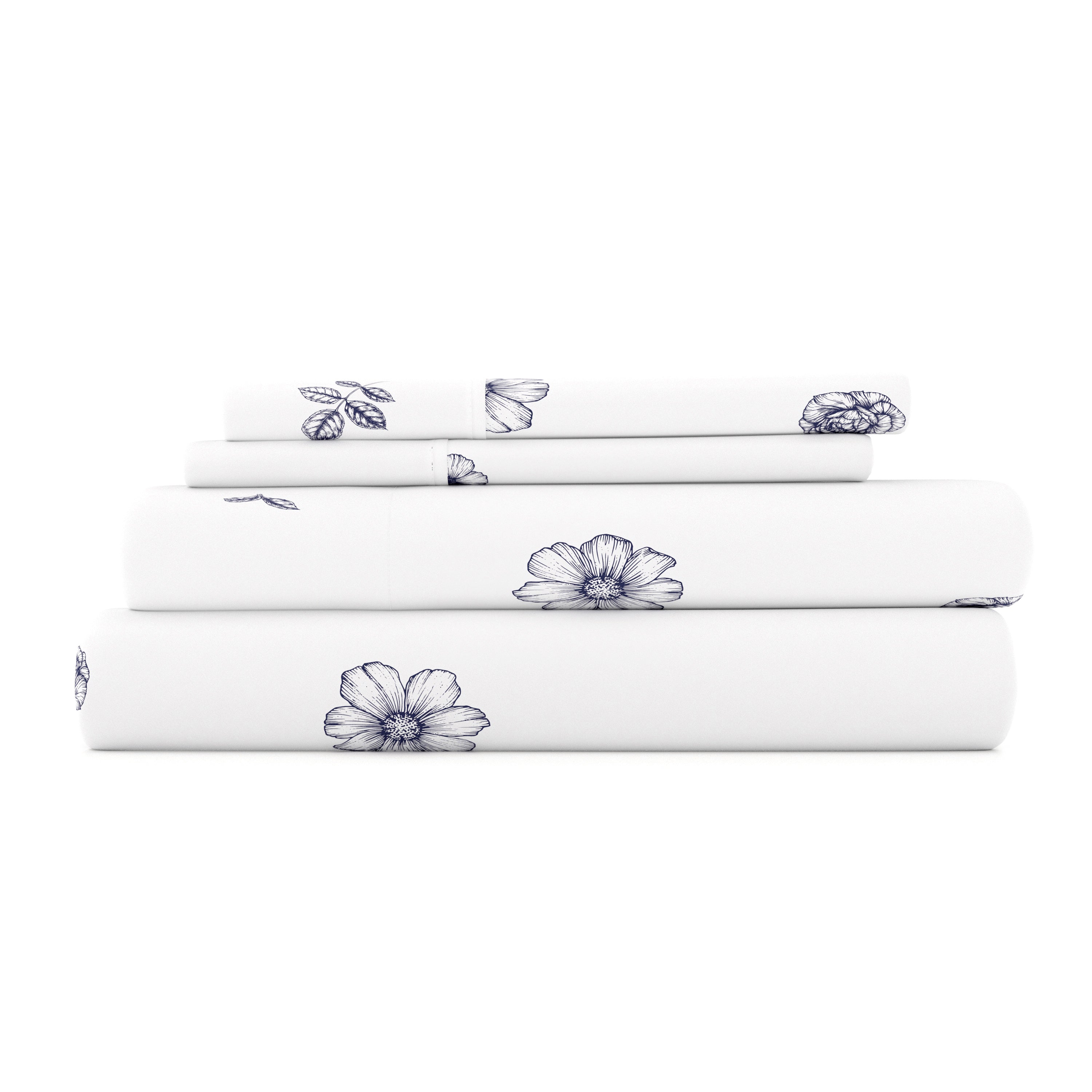 Indigo Floral Print 4-Piece Queen Size Sheet Set - Soft & Breathable Cotton Bedding for Comfortable Sleep | Perfect for Master Bedroom, Guest Room, or Dorm Decor