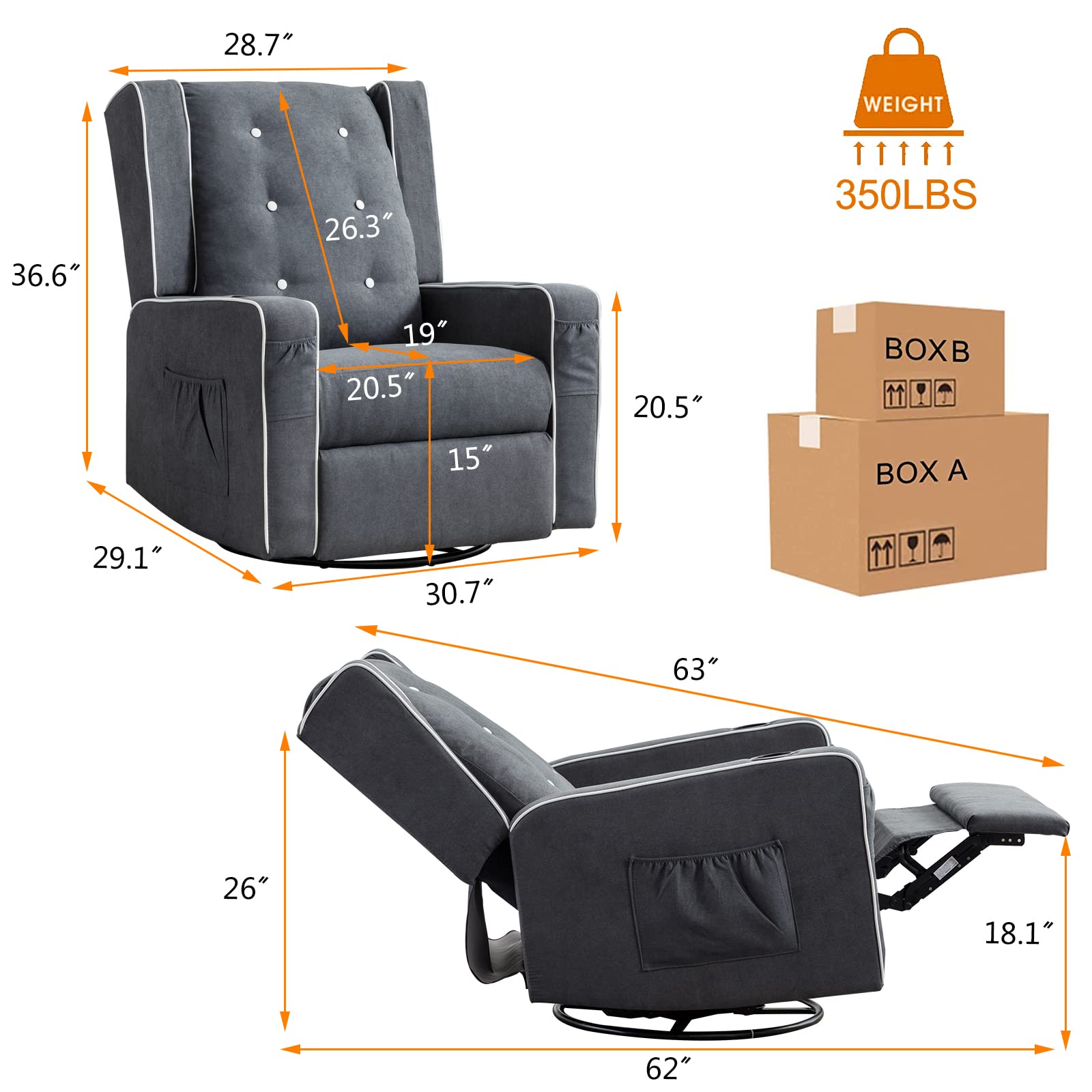 **Grey Nursery Rocking Chair - Baby Glider Rocker with Swivel & Recliner, Cup Holders & Storage Pockets - Cozy Rocking Chair for Living Room, Nursery, or Breastfeeding (1 PC)**