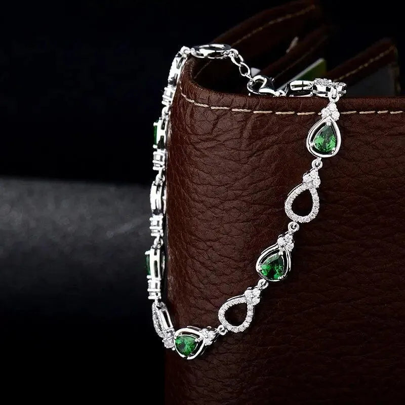 18K White Gold Tsavorite and Diamond Bangle Bracelet for Women - 4x5mm Pear Cut Natural Green Tsavorite with Diamond Accents - Elegant Anniversary Gift for Her, Perfect for Weddings, Parties, and Special Occasions
