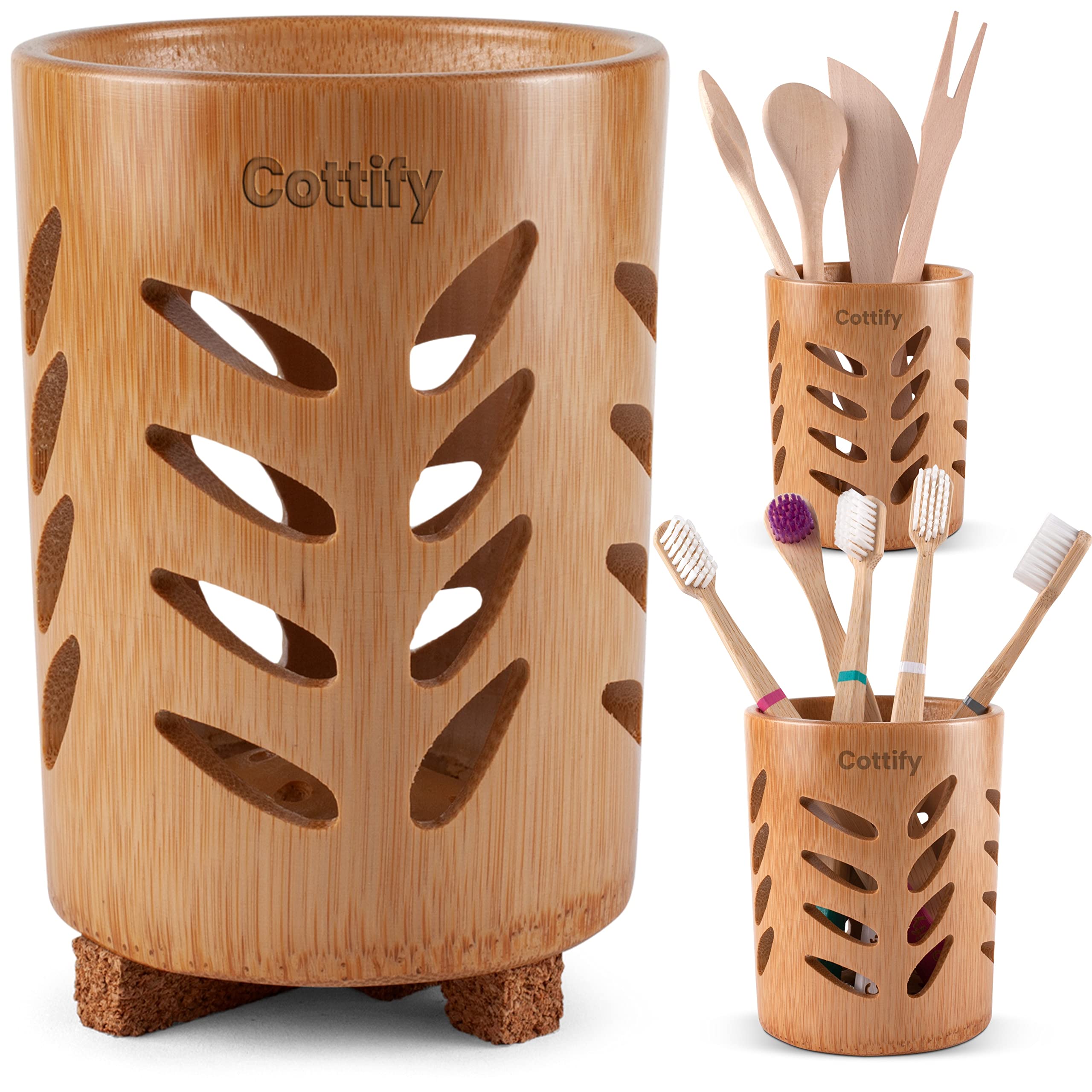 Eco-Friendly Bamboo Toothbrush Holder with Cork Base - Quick Drying Bathroom Organizer with Drainage | Perfect for Modern Bathrooms, Vanities & Eco-Conscious Homes