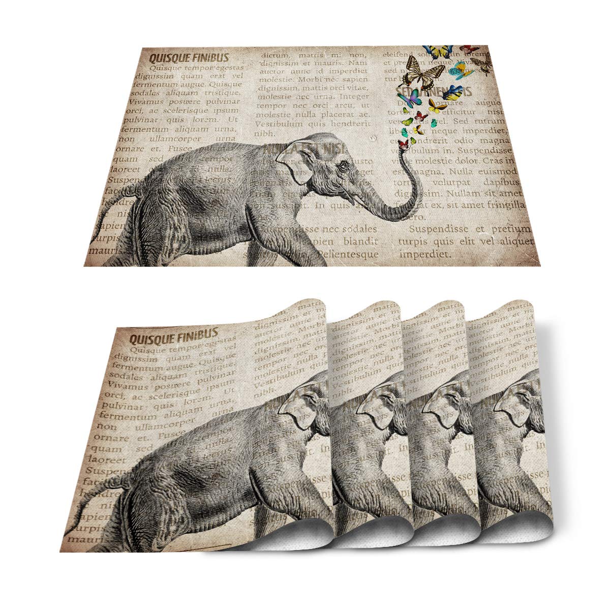 Stylish Elephant Pattern Placemats Set of 4 - Retro Paper Design, Thermal Insulation & Non-Slip Table Mats for Dining & Kitchen Decor - Washable & Durable for Everyday Use, Dinner Parties & Holiday Gatherings