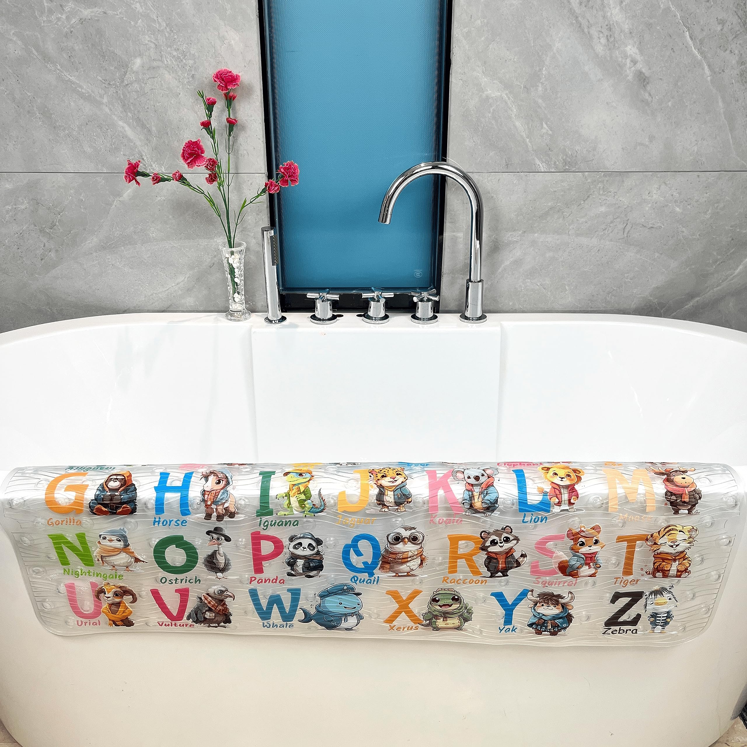 Non-Slip Cartoon Kids Bath Mat - Extra Large 35x16 Inch Anti-Slip Shower Mat for Bathtub & Bathroom Floor - Fun Animal Design for Safe Bath Time (Perfect for Toddlers & Kids Bathroom Safety)