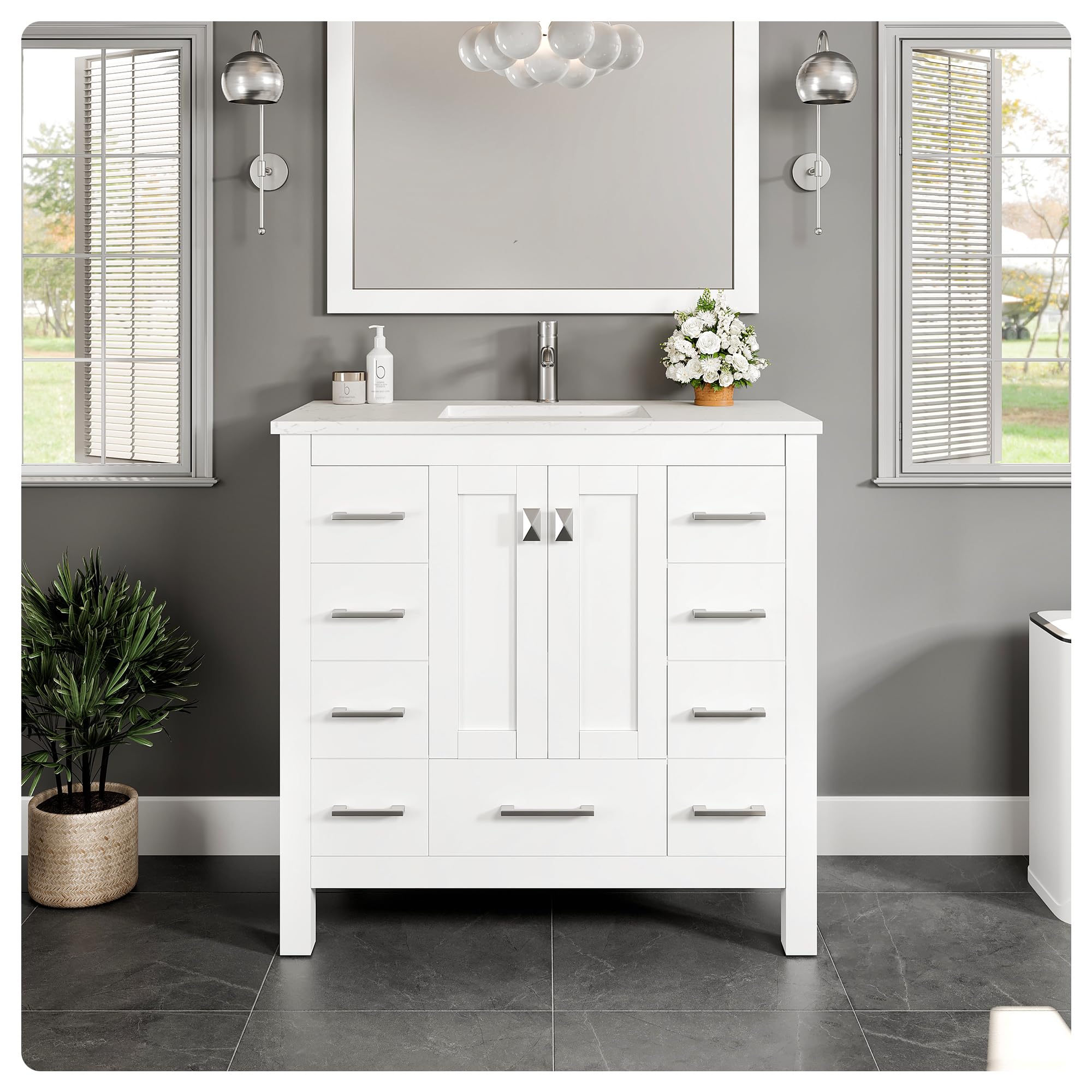 Luxury 36 Inch White Bathroom Vanity with Sink Top - Modern Freestanding Vanity Cabinet with Functional Storage - Perfect for Master Bathrooms, Guest Baths & Small Space Remodels