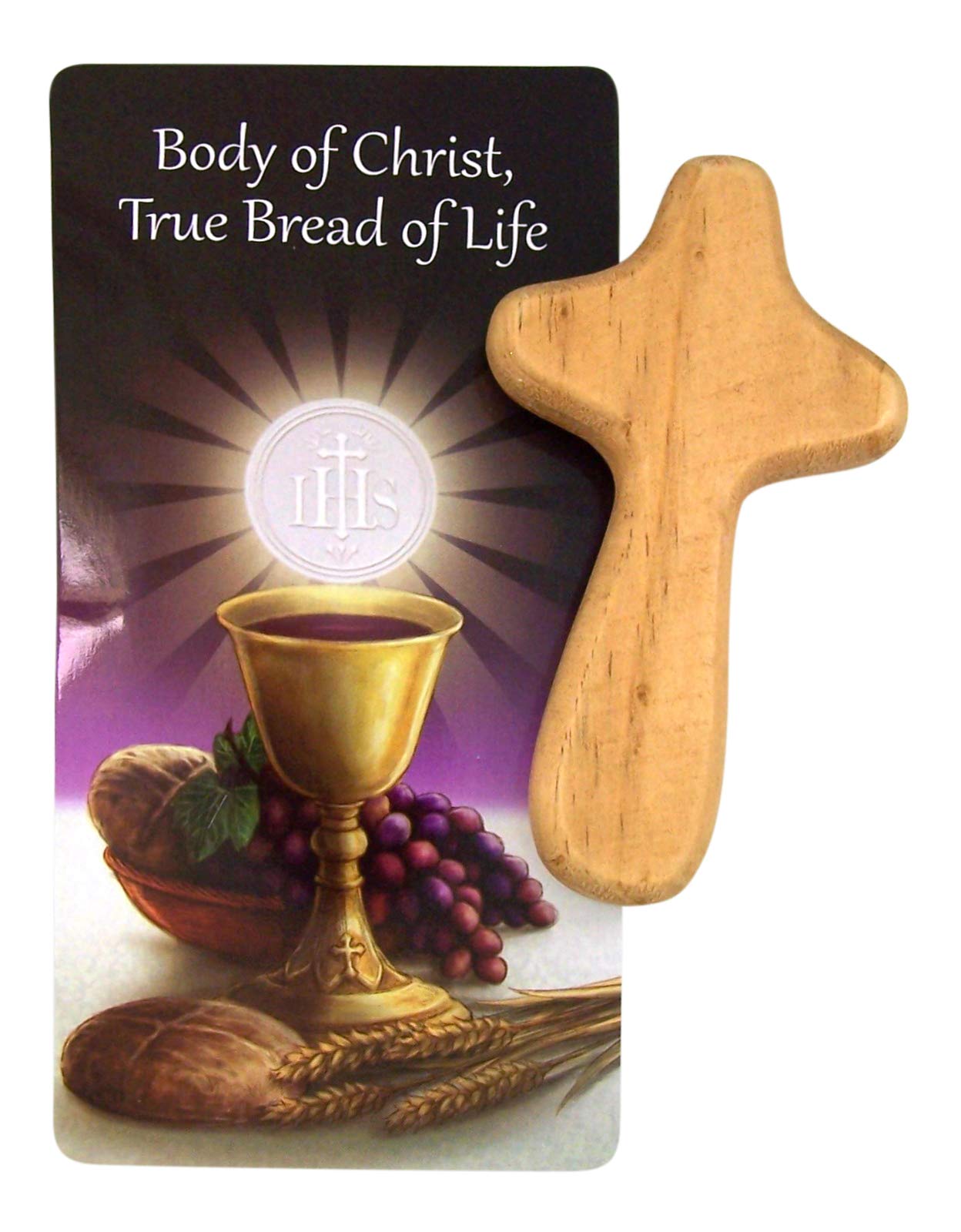 4 Inch Handheld Wooden Prayer Cross for First Communion - Religious Keepsake Gift with Card, Perfect for Baptism, Confirmation & Christian Ceremonies