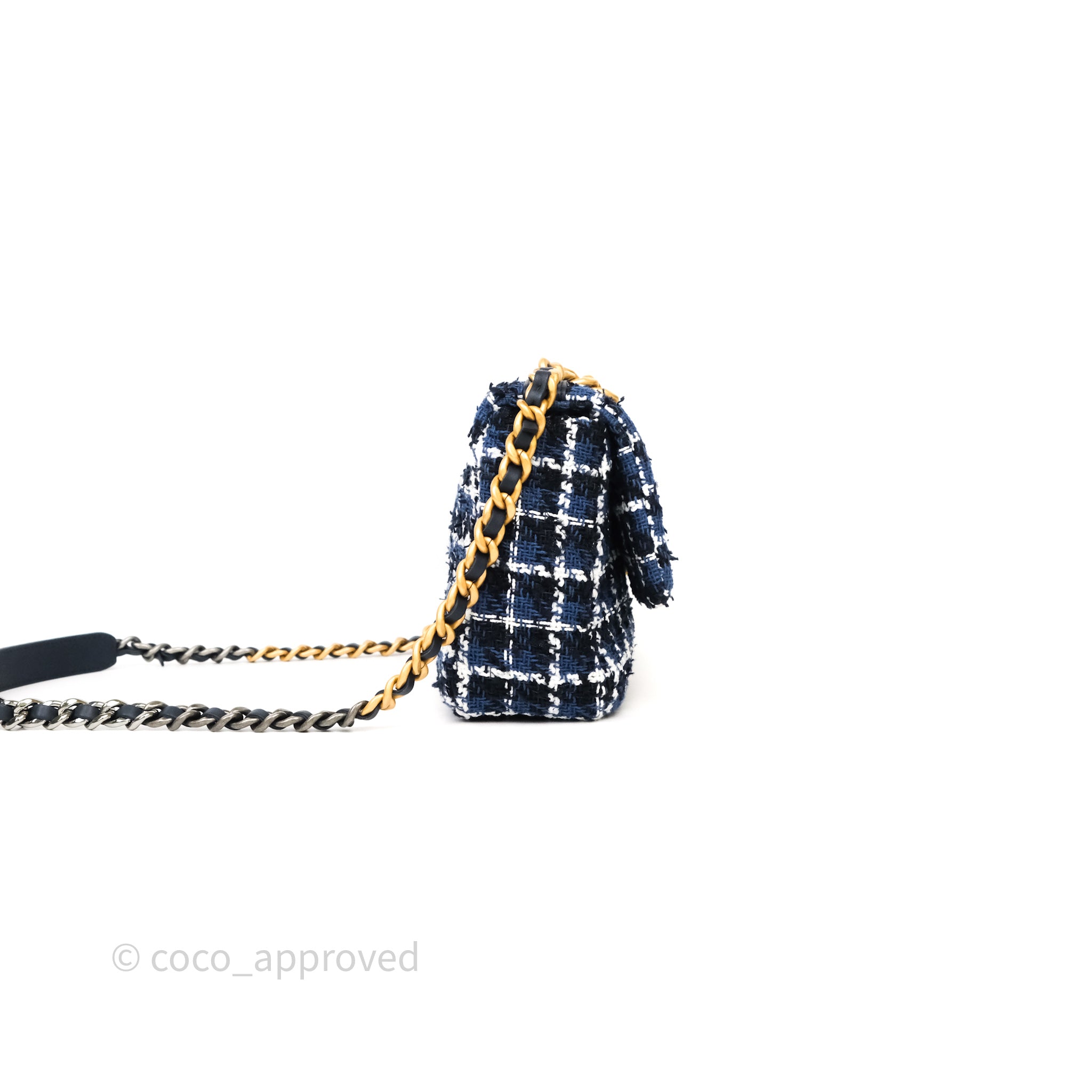 Chanel 19 Small Handbag in Blue, White & Black Grid Tweed with Mixed Hardware - Perfect for Work, Travel & Evening Events