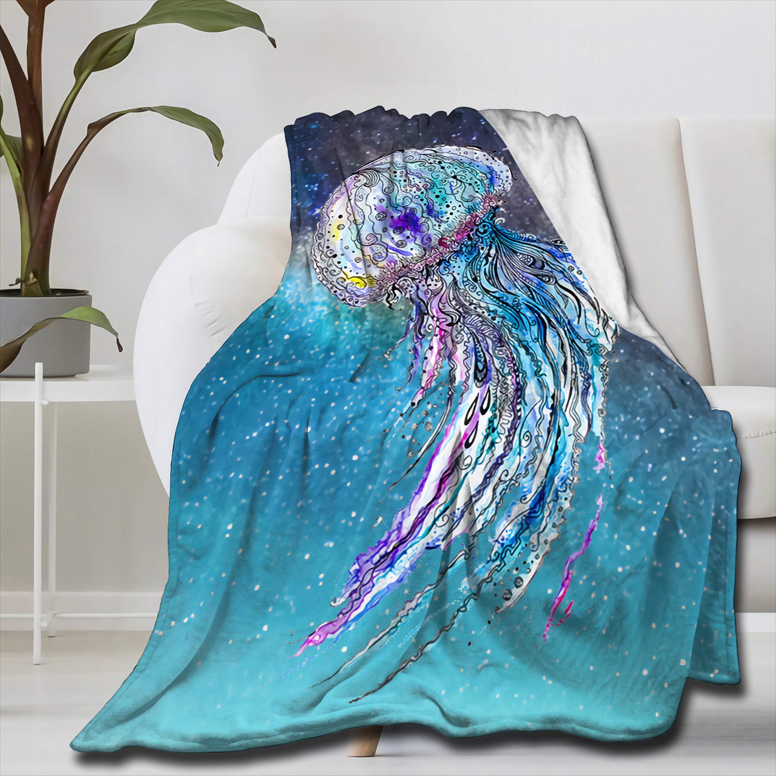 NIUJINMALI Watercolor Jellyfish Ocean Beach Print - Ultra Soft Fleece Flannel Throw Blanket 50