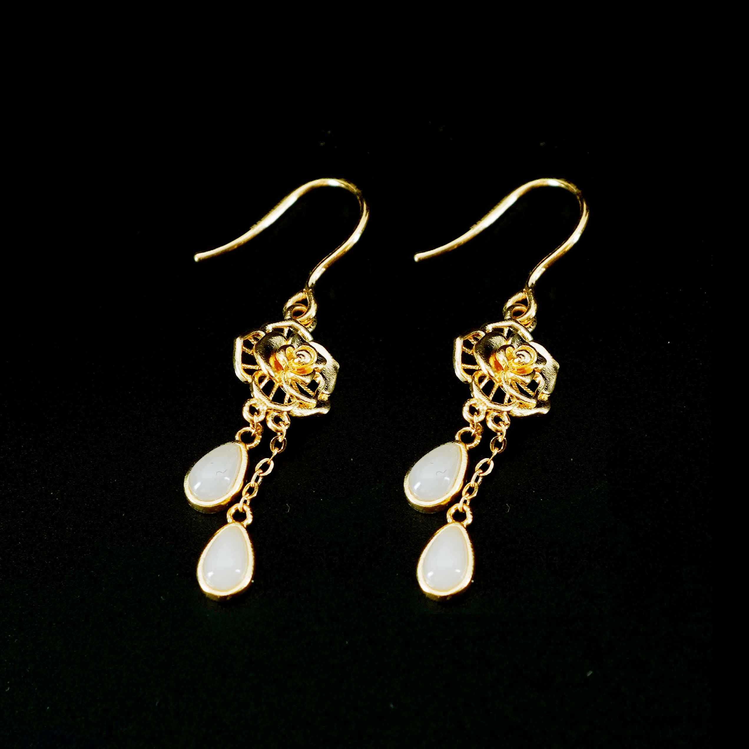 24K Gold Nephrite Jade Earrings for Women - Elegant & Luxurious Dangle Earrings - Perfect for Weddings, Parties & Special Occasions