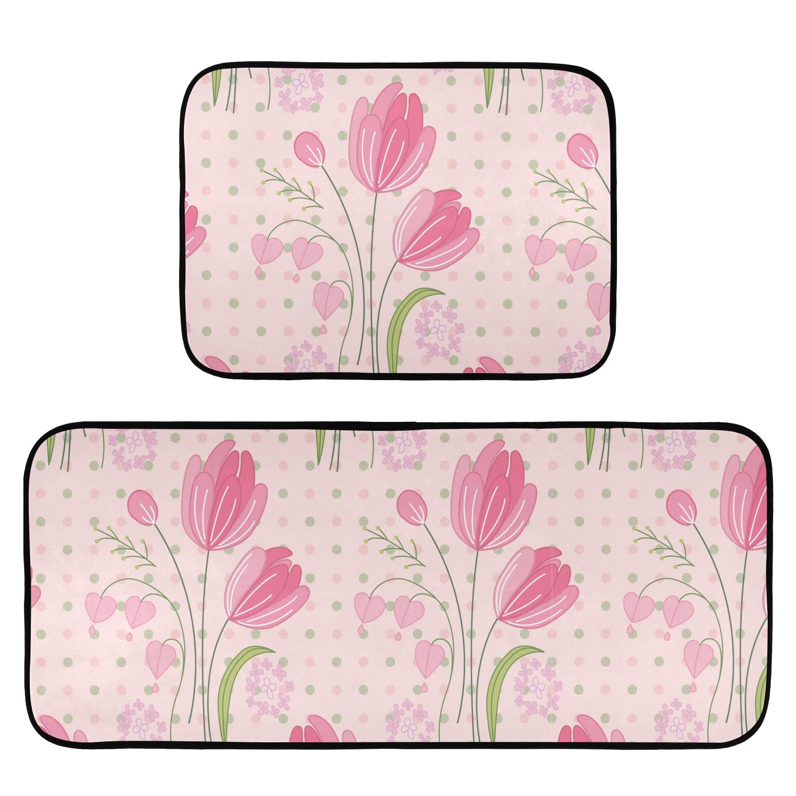 Red Tulips Kitchen Mat Set of 2 - Anti-Fatigue Washable Non-Slip Foam Cushioned Rug for Standing Comfort - Farmhouse Style Kitchen Runner & Laundry Mat - Perfect for Cooking, Dishwashing & Home Decor