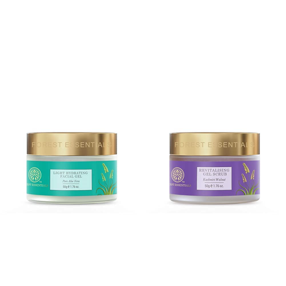 1. **Forest Essentials Pure Aloe Vera Light Hydrating Gel – 50g | Soothing & Moisturizing for Face & Body | Perfect for Sunburn & Dry Skin**   2. **Forest Essentials Revitalizing Kashmiri Walnut Gel Scrub – 50g | Exfoliating & Brightening for Glowing Skin | Ideal for Daily Skincare Routine**